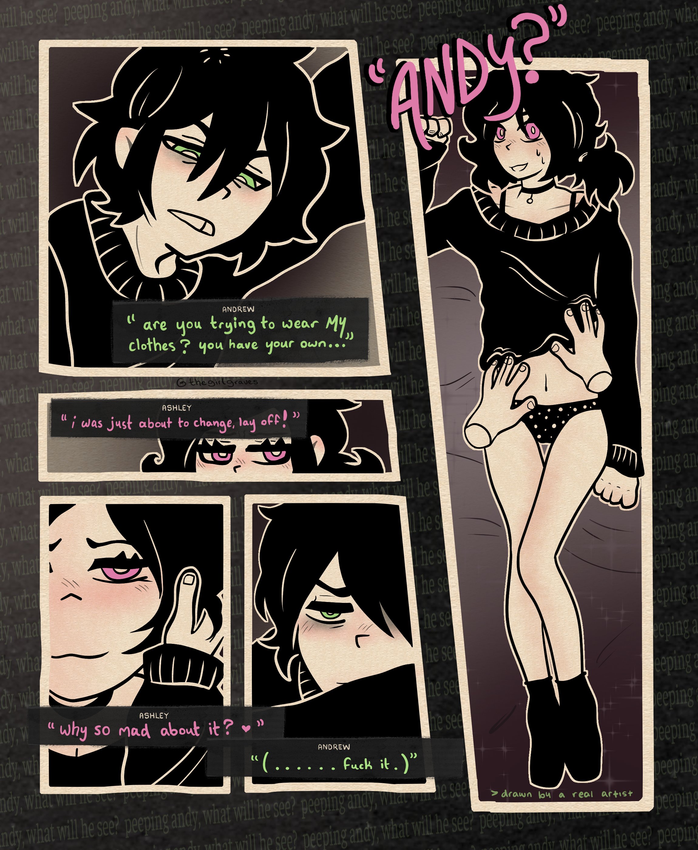 1boy, 1girls, 2d, andrew graves, ashley graves, black hair, blush, brother and sister, comic, dialogue, english text, female, green eyes, groping, incest, legs, lying on back, lying on bed, male, panties, pink eyes, ponytail, siblings, straight, the coffin of andy and leyley, thegirlgraves