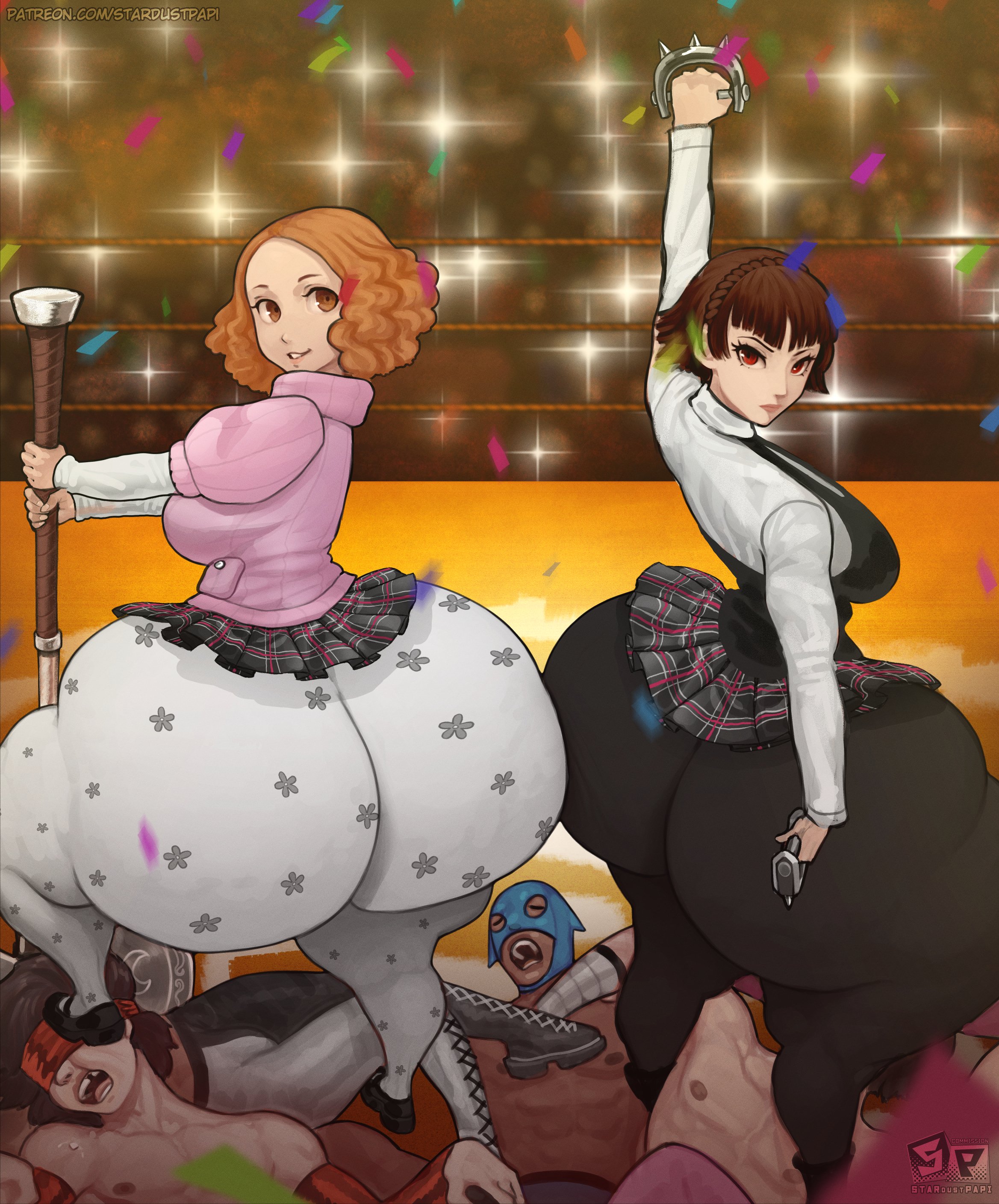 22girls, ass, ass bigger than head, ass bigger than torso, big ass, bottom heavy, brown hair, bubble butt, fat ass, female, female focus, gluteal fold, haru okumura, huge ass, hyper, hyper ass, ignantastro, large ass, looking at viewer, looking back, makoto niijima, massive ass, persona, persona 5, raised arm, thick ass, thick thighs, thunder thighs, wide hips