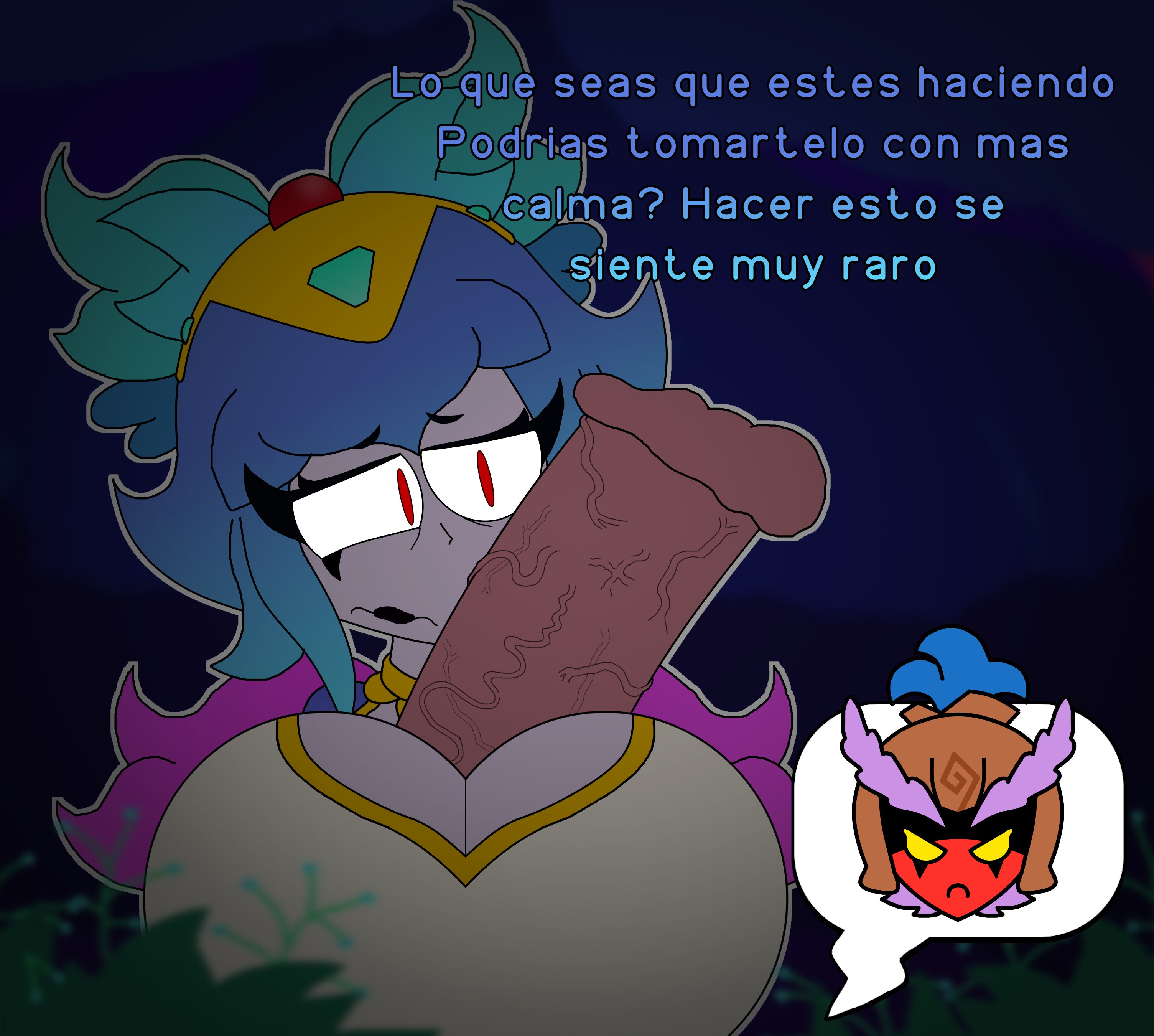 1futa, 1girls, big penis, black lipstick, blue hair, brawl stars, breasts, dark fairy janet (brawl stars), female, futa on female, futanari, harpy melodie (brawl stars), intersex, janet (brawl stars), lipstick, melodie (brawl stars), penis, red eyes, sex, spanish text, submission by janet (brawl stars), text, titjob, topwear, verdoshonsfw, yellow eyes