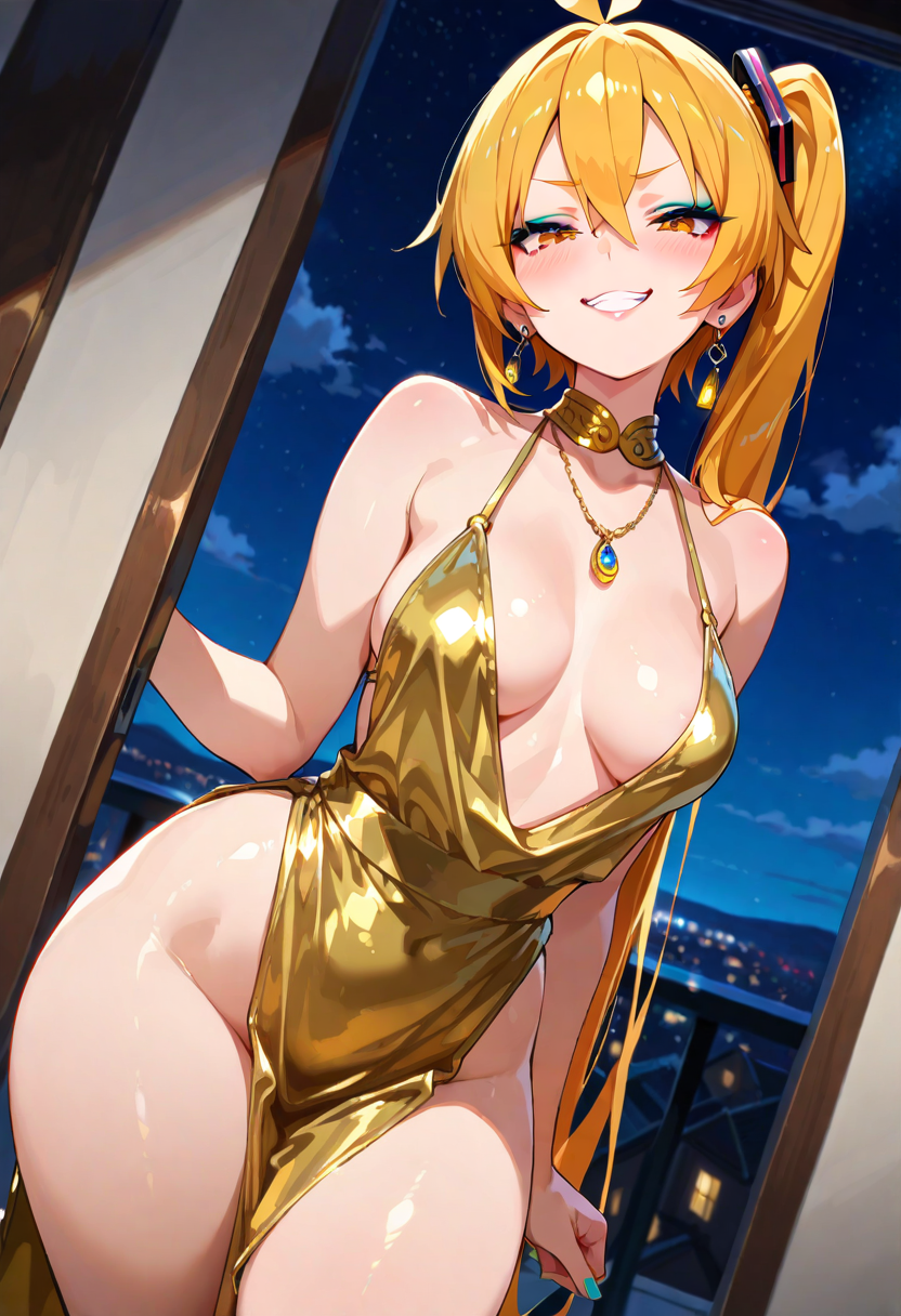 1girls, ai generated, akita neru, breasts, dress, earrings, female, golden dress, halter dress, halterneck, huge ass, indoors, jewelry, looking at viewer, makeup, medium breasts, necklace, night, pelvic curtain, shiny skin, smile, smug, solo, thick thighs, vocaloid, yellow dress, yellow eyes, yellow hair