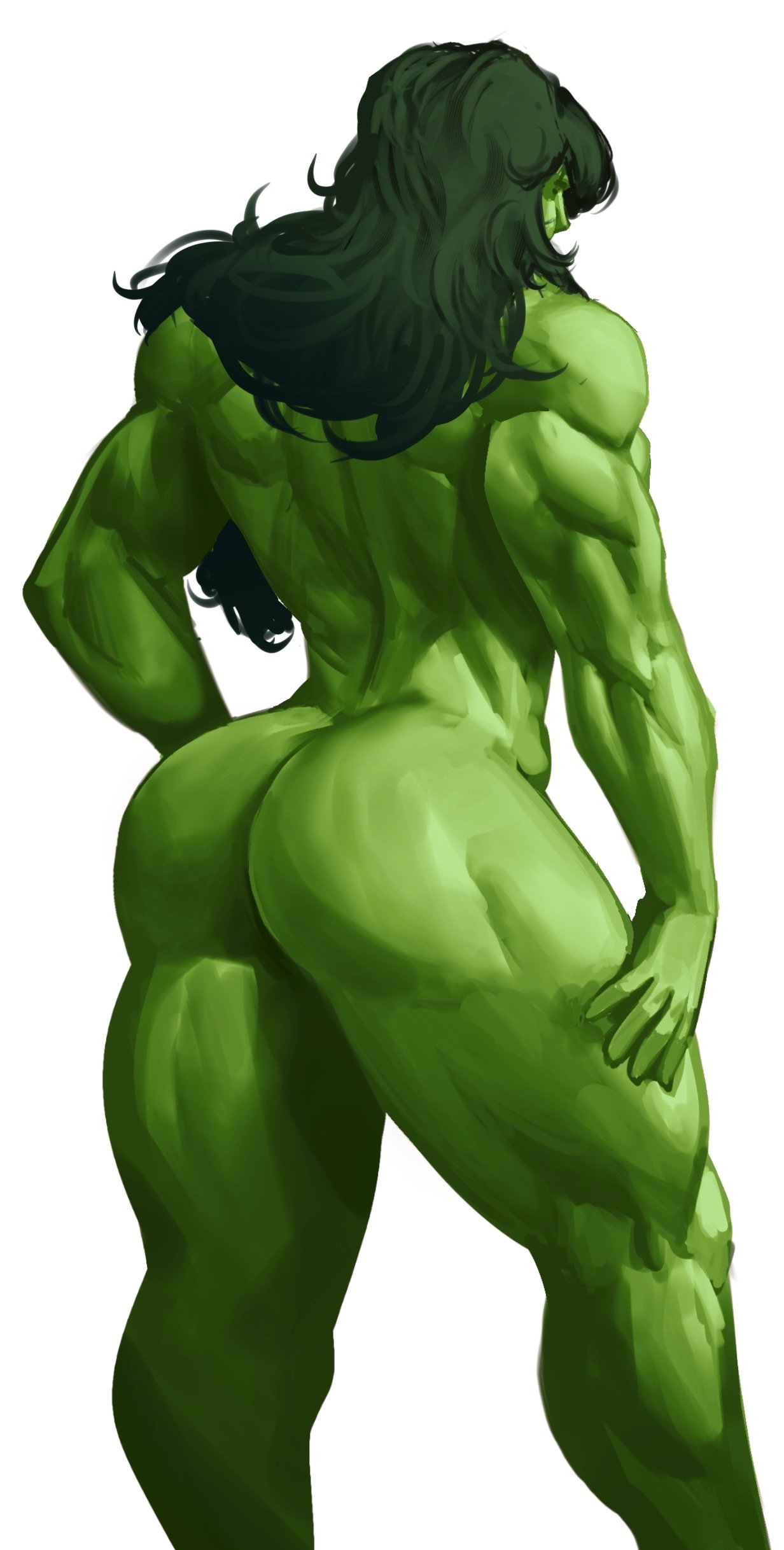 1girls, ass, back muscles, completely nude, female, green hair, huge ass, jennifer walters, long hair, marvel, marvel comics, muscular, muscular female, nude, she-hulk, simple background, solo, virgoart1509, white background