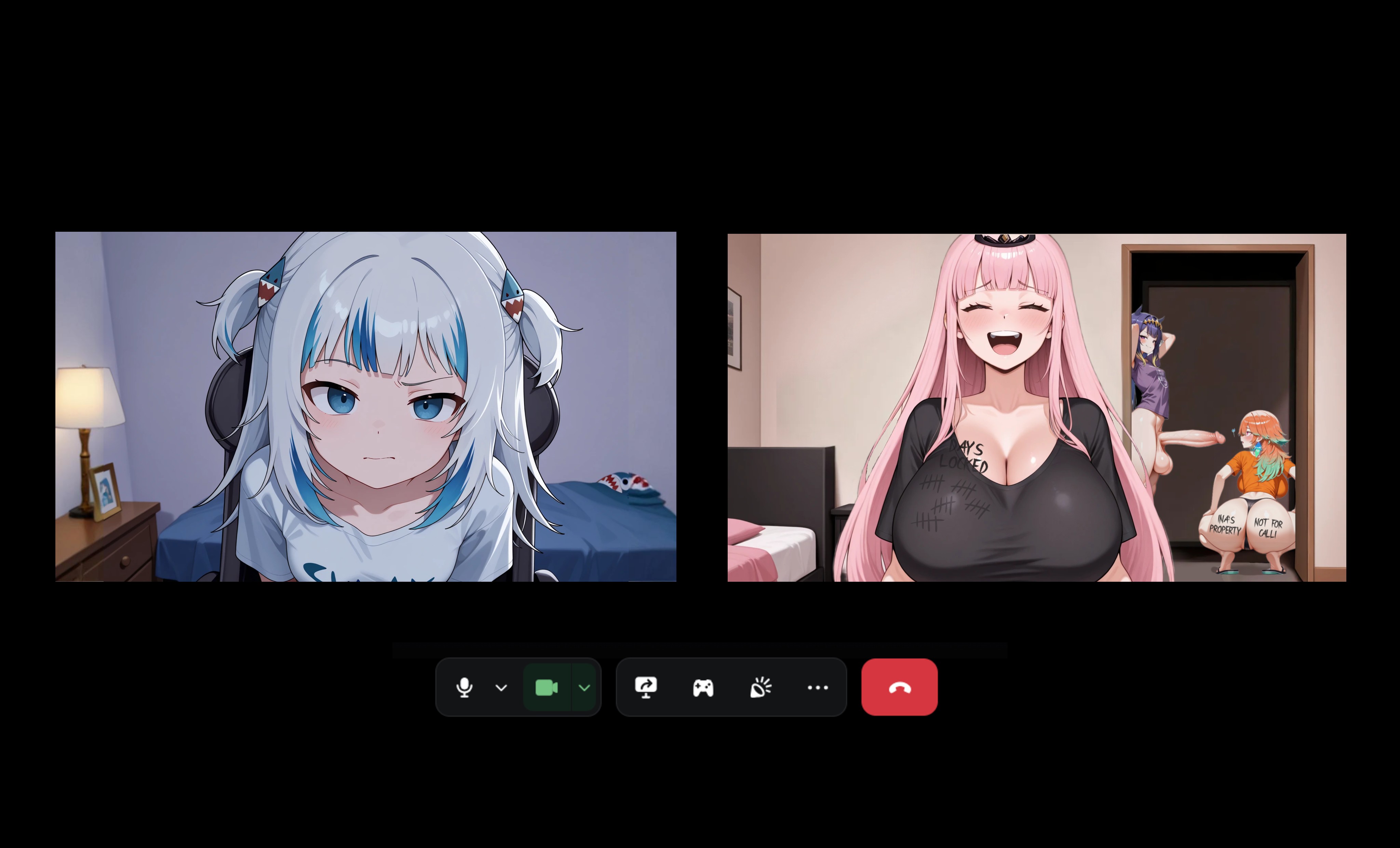 ai generated, aisunshine, ass, big ass, big breasts, big butt, big cock, big penis, big penis adoration, black t-shirt, blue eyes, blue hair, blush, body writing, breasts, butt cheeks, buttcheeks, buttocks, cuck, cuckold, cuckolding, cuckquean, curvaceous, curvaceous body, curvaceous female, curvaceous figure, curvy, curvy body, curvy female, curvy figure, discord call, erection, female, futanari, gawr gura, half naked, hololive, hololive english, hololive myth, huge ass, huge breasts, huge butt, huge cock, humiliated, humiliating, humiliation, intersex, intrigued, large ass, large breasts, large butt, large tits, long hair, mori calliope, netorare, ninomae ina'nis, ntr, open mouth, orange hair, orange t-shirt, penis, penis awe, perfect body, pink hair, purple hair, purple t-shirt, sexy, sexy body, t-shirt, takanashi kiara, thick ass, thick breasts, thick butt, thick tits, tiara, virtual youtuber, vtuber, white hair, white t-shirt, writing on ass, writing on body, writing on breasts, writing on butt, writing on chest