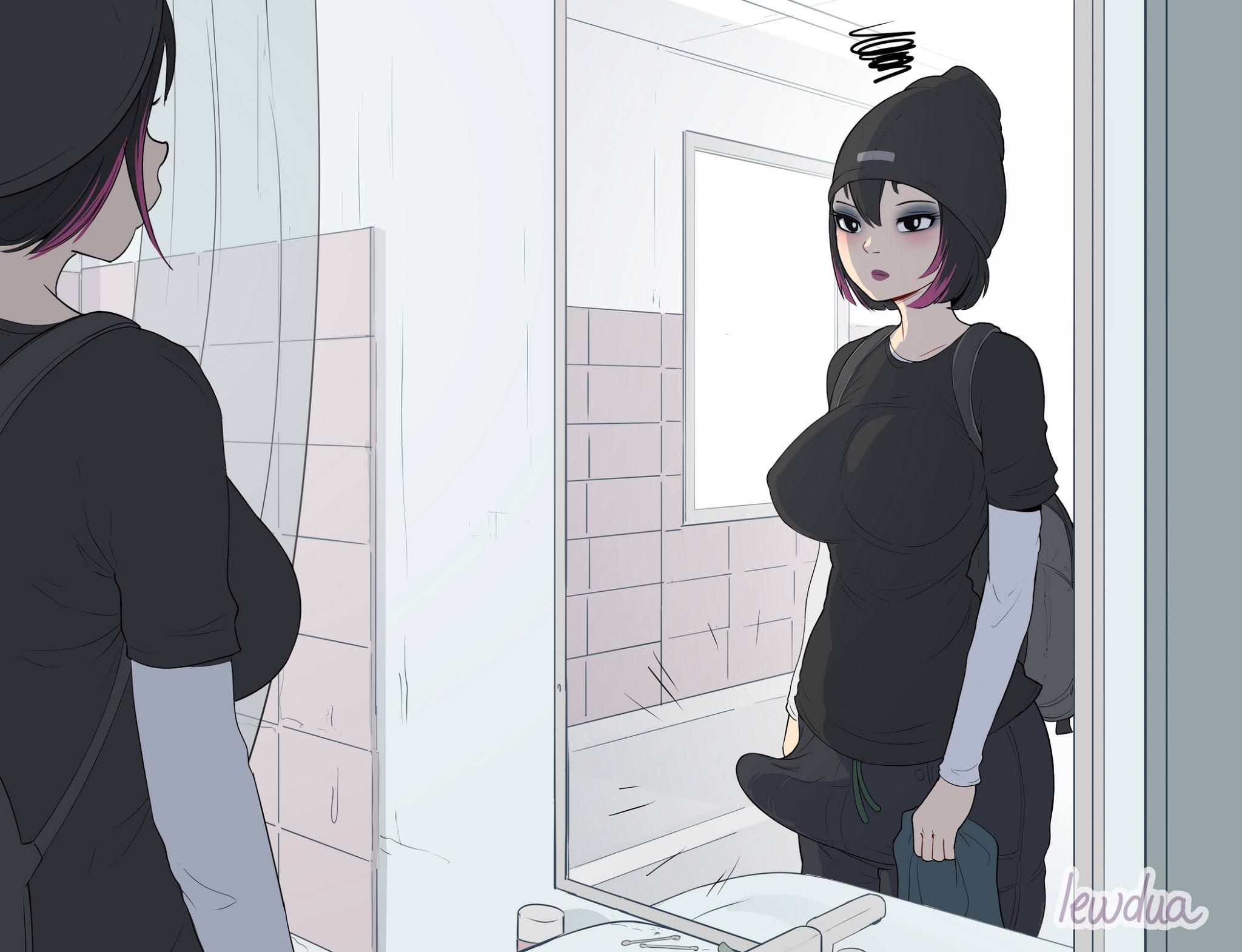 1futa, balls, balls bulge, balls under clothes, breasts, bulge, cameltail, casual, casual erection, curvy, erect nipples, erection, erection under clothes, futa only, futanari, goth, intersex, large breasts, large penis, lewdua, morgan rosewood (lewdua), nipple bulge, nipples, original, penis, penis bulge, penis under clothes, solo, tagme, tenting