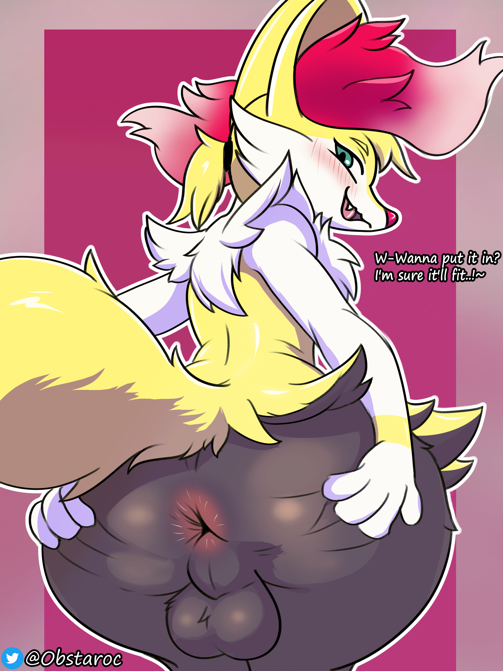 1boy, anal invitation, anthro, anus, ass, backsack, balls, ballsack, big butt, black body, black fur, blush, braixen, canid, chest tuft, english text, fluffy, fluffy tail, fur, generation 6 pokemon, green eyes, hi res, inner ear fluff, looking at viewer, looking back, looking back at viewer, male, mammal, multicolored body, multicolored fur, neck tuft, nintendo, obstaroc, pokemon, pokemon (species), presenting, presenting anus, presenting hindquarters, solo, spread butt, spreading, tail, teapot (body type), testicles, text, tuft, yellow body, yellow fur