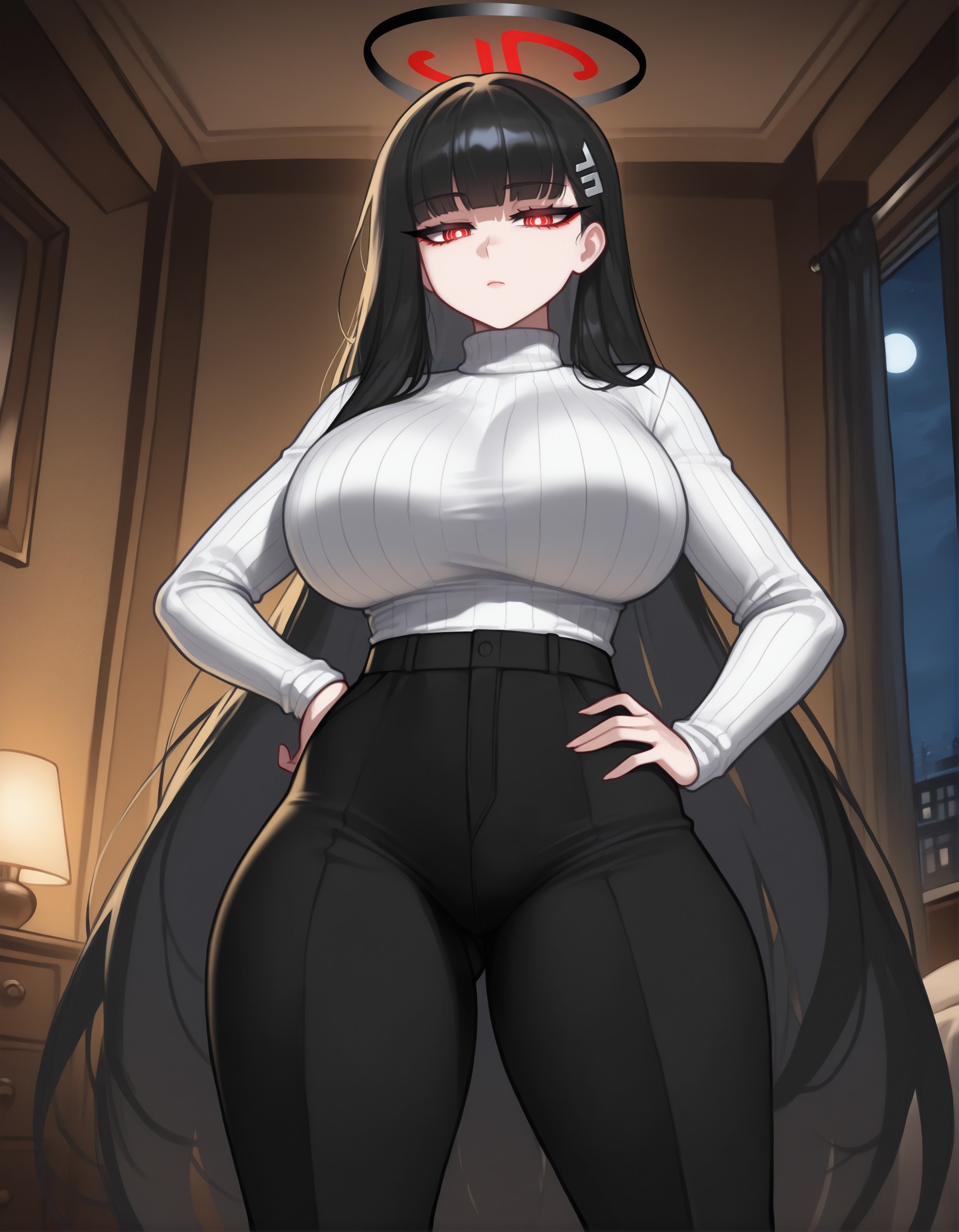 1girls, ai generated, bedroom, big breasts, black hair, blue archive, blunt bangs, breasts, female, hair clips, hairclip, hourglass figure, huge breasts, indoors, large breasts, light-skinned female, long hair, mature, mature female, naughty face, red eyes, rio (blue archive), sillyhina, thick, thick ass, thick legs, thick thighs, voluptuous, voluptuous female