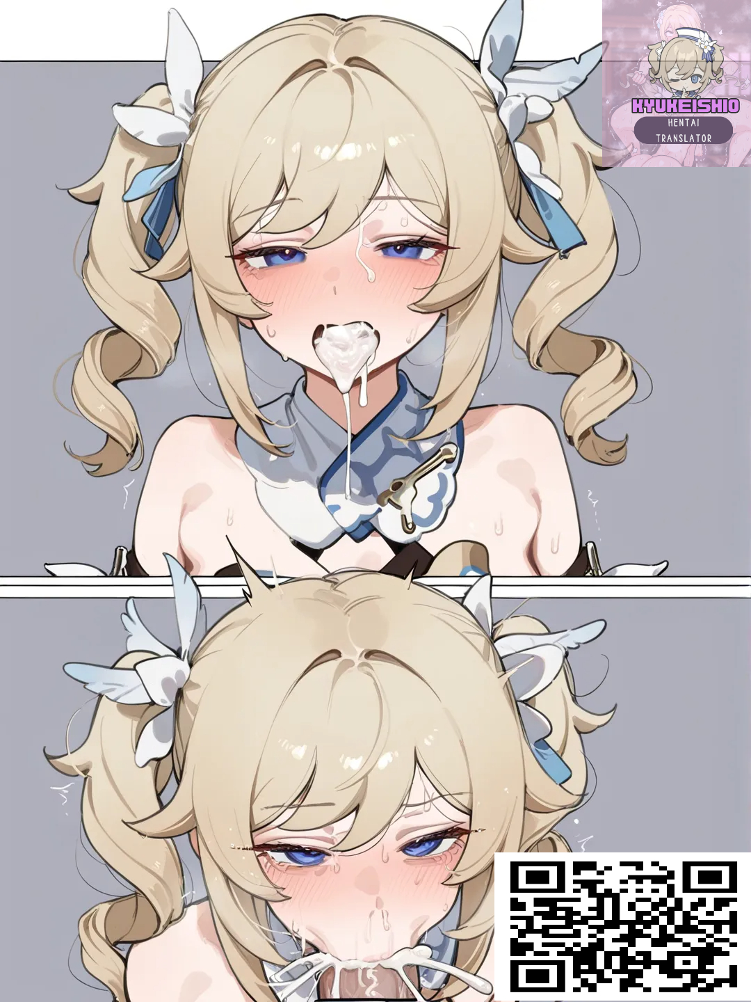 1boy, 1girls, after deepthroat, after oral, ahe gao, ahegao face, ai generated, barbara (genshin impact), blonde female, blonde hair, blowjob, blowjob face, blowjob only, blush, blushing at viewer, cum, cum drip, cum in mouth, cum inside, cum out mouth, cum overflow, cum overflowing, cute, deep blowjob, deepthroat, eye contact, fellatio face, fellatio pov, female, genshin impact, kyukeishio, kyukeshio, looking at viewer, looking pleasured, male, oral, oral penetration, patreon logo, petite, pov, slim, submissive, submissive female, teenager