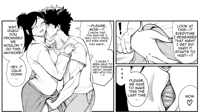 1boy, 1girls, aarokira, blush, bulge, dialogue, erection under clothes, female, incest, inko midoriya, izuku midoriya, kissing, long hair, male, mature female, milf, monochrome, mother, mother and son, my hero academia, penis, short hair, speech bubble, text