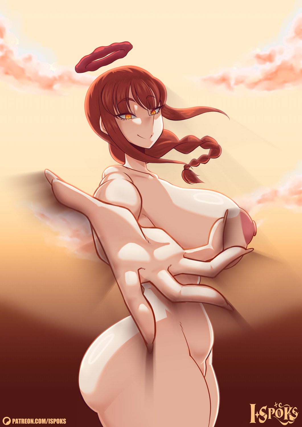1girls, ass, ass focus, braid, braided hair, braided ponytail, chainsaw man, completely nude, completely nude female, curvy, female, female only, from side, ginger, highres, ilustretsspoks, light skin, light-skinned female, looking at viewer, makima (chainsaw man), mature female, naked, naked female, nude, nude female, ponytail, red hair, seductive eyes, seductive look, seductive smile, smile, solo, solo female, standing, thick ass, thick thighs, wide hips, yellow eyes