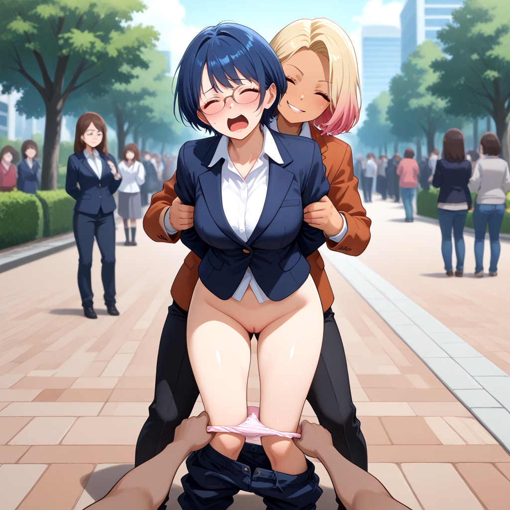 ai generated, arms restrained, assisted exposure, blush, bottomless, breasts, bullying, clothes pull, dark skin, dark-skinned female, embarrassed, embarrassed nude female, embarrassed underwear female, enf, euf, exhibitionism, exhibitionist, extreme exposure humiliation, female, glj-enf, half naked, half-dressed, holding arm, holding arms, humiliated, humiliation, laughing, multiple females, multiple girls, nipples, no panties, no underwear, nude from the waist down, panties down, pants down, pants pull, pants pulled down, pants pulling, pants removed, pantsed, pantsing, pantsless, panty pull, pantyless, park, public, public exposure, public humiliation, public indecency, public nudity, pussy, screaming, shiny skin, shocked, shocked expression, short hair, spectators, story at source, street, stripped, stripped by other, stripping, surprised, surprised expression, tanned, undressed, undressed by others, yuri