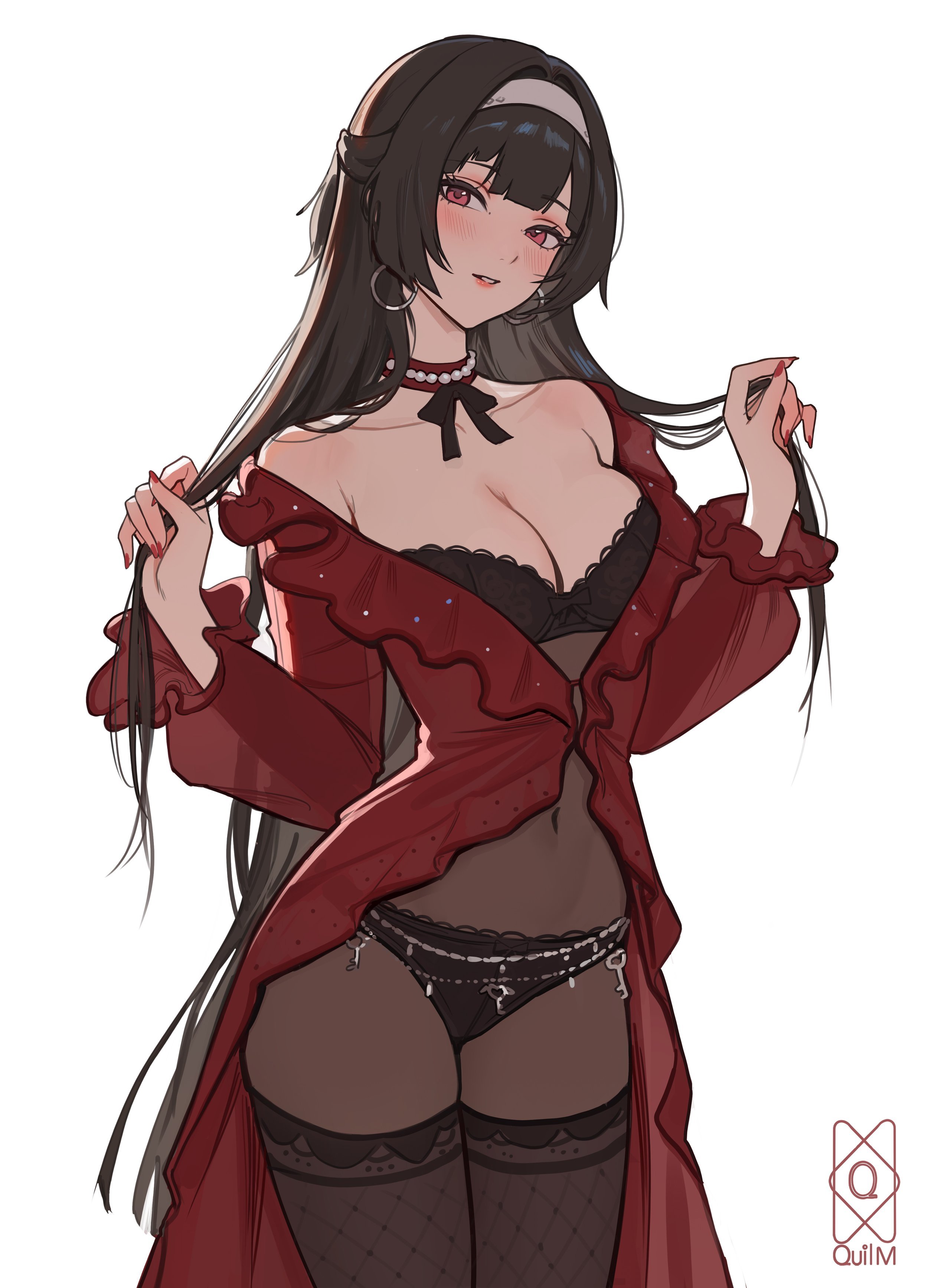 astra yao, black hair, black hair female, black lingerie, earrings, female, fully clothed, highres, hoyoverse, lingerie, long hair, mihoyo, pantyhose, pubic hair, quilm, red eyes, zenless zone zero