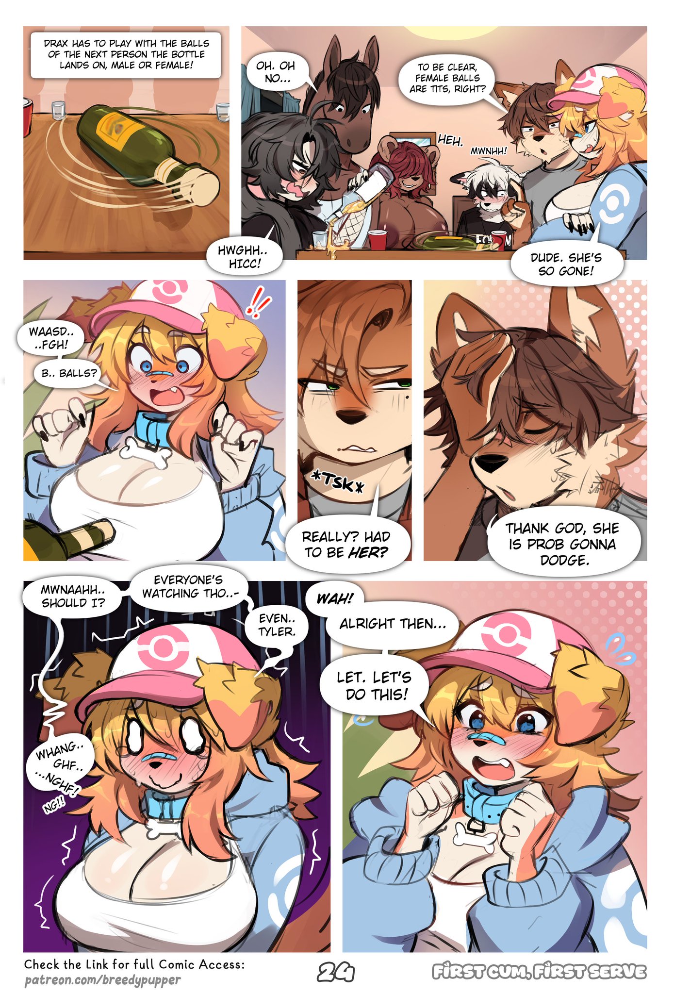 7koma, absurd res, anthro, becca (breedypupper), blue (breedypupper), breasts, breedypupper, canid, canine, canis, clothing, comic, dialogue, domestic dog, drax (breedypupper), female, hi res, jackie (breedypupper), jennie (breedypupper), magnus (breedypupper), male, male/female, mammal, nintendo, pokemon, school, spin the bottle, stacy (breedypupper), text, tyler (breedypupper)