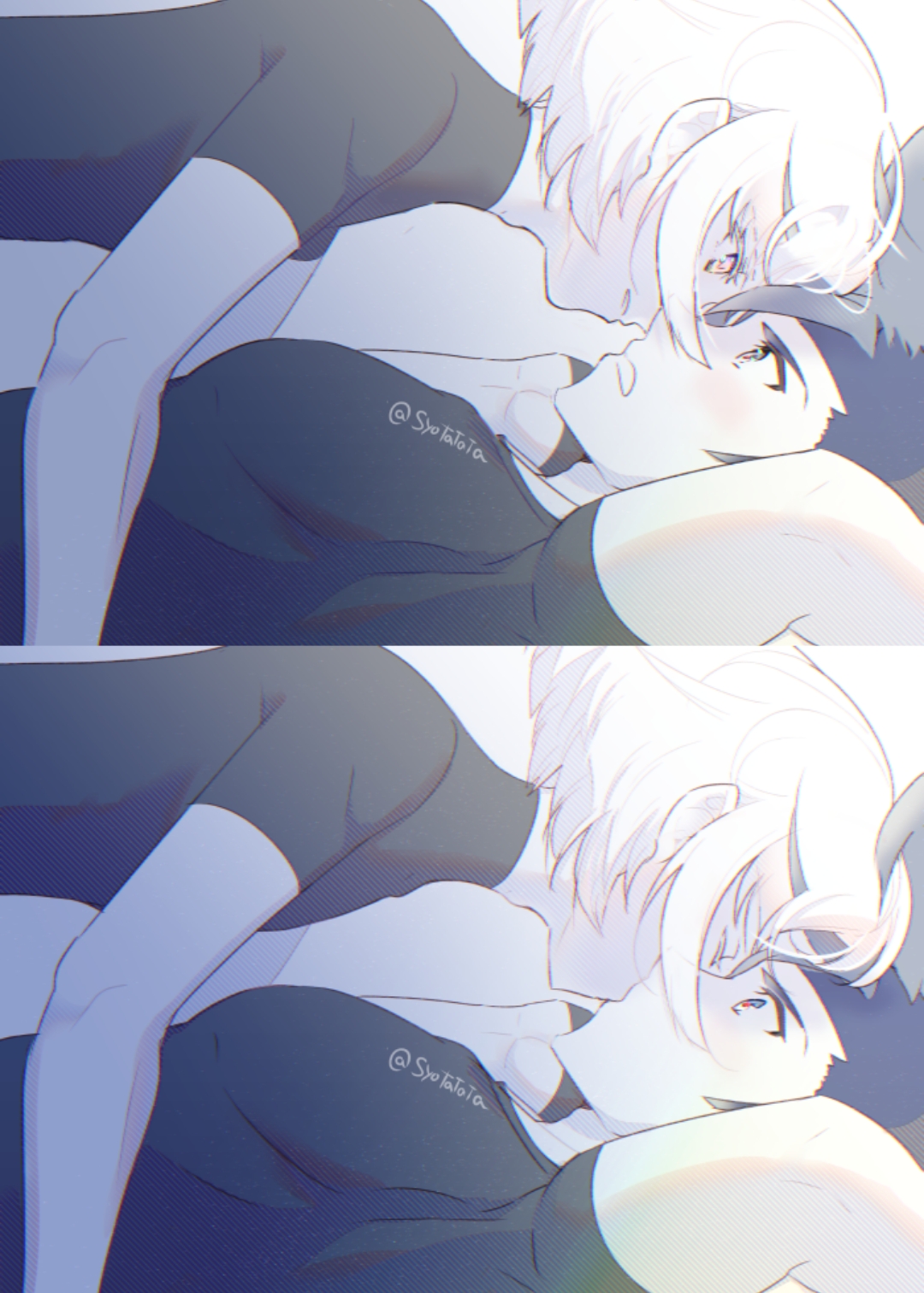 2boys, androgynous, clothed, clothing, femboy, galo thymos, gay, kissing, lio fotia, male, monochrome, on bed, promare, questionable, suggestive, twink, wholesome, yaoi