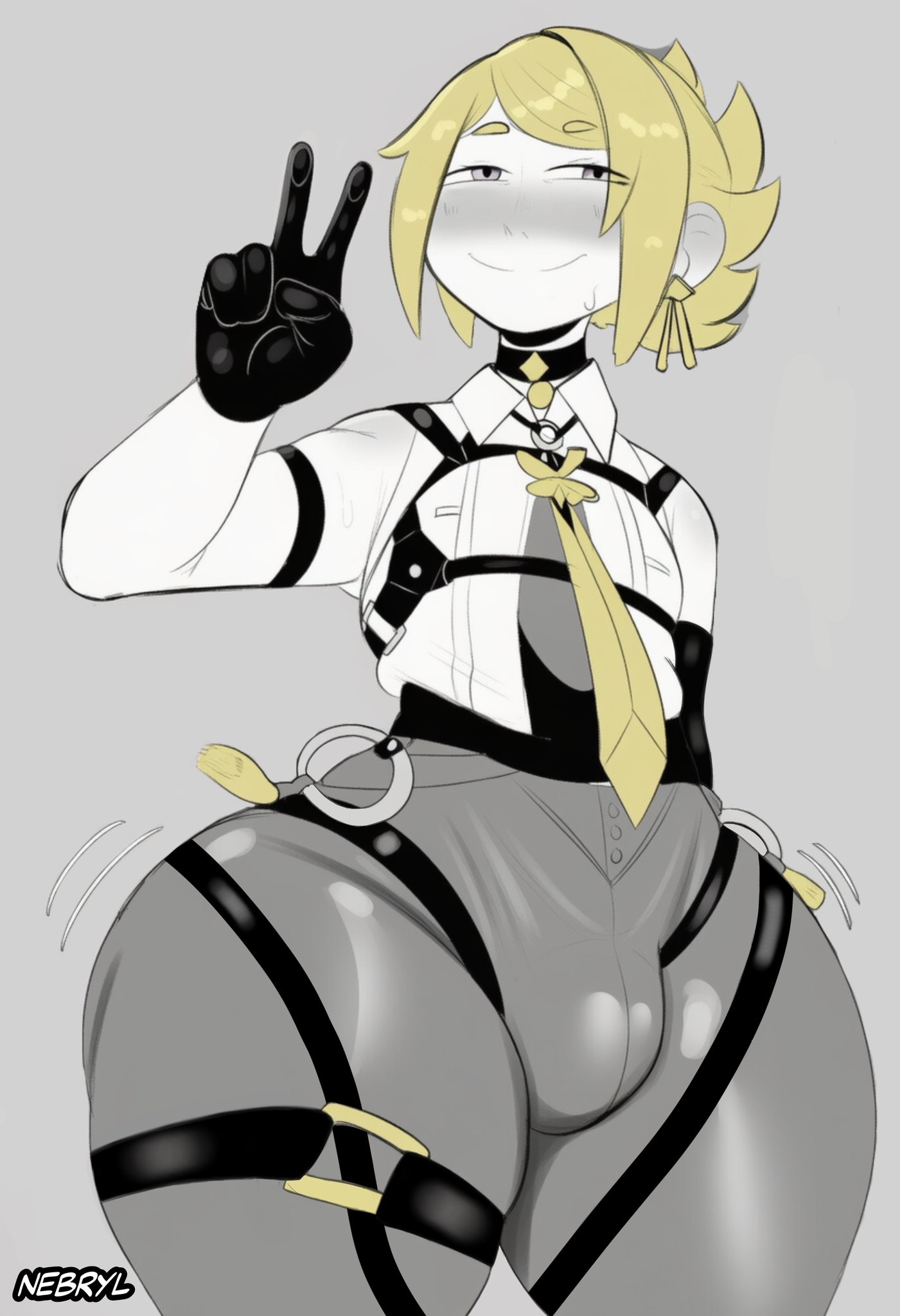 1femboy, ai generated, big ass, black legwear, blonde hair, blush, bulge, bulge through clothing, cosplay, evelyn chevalier, femboy, gray pants, male, nebryl, pineapple (gats), pizza thot, thick thighs, white shirt, zenless zone zero