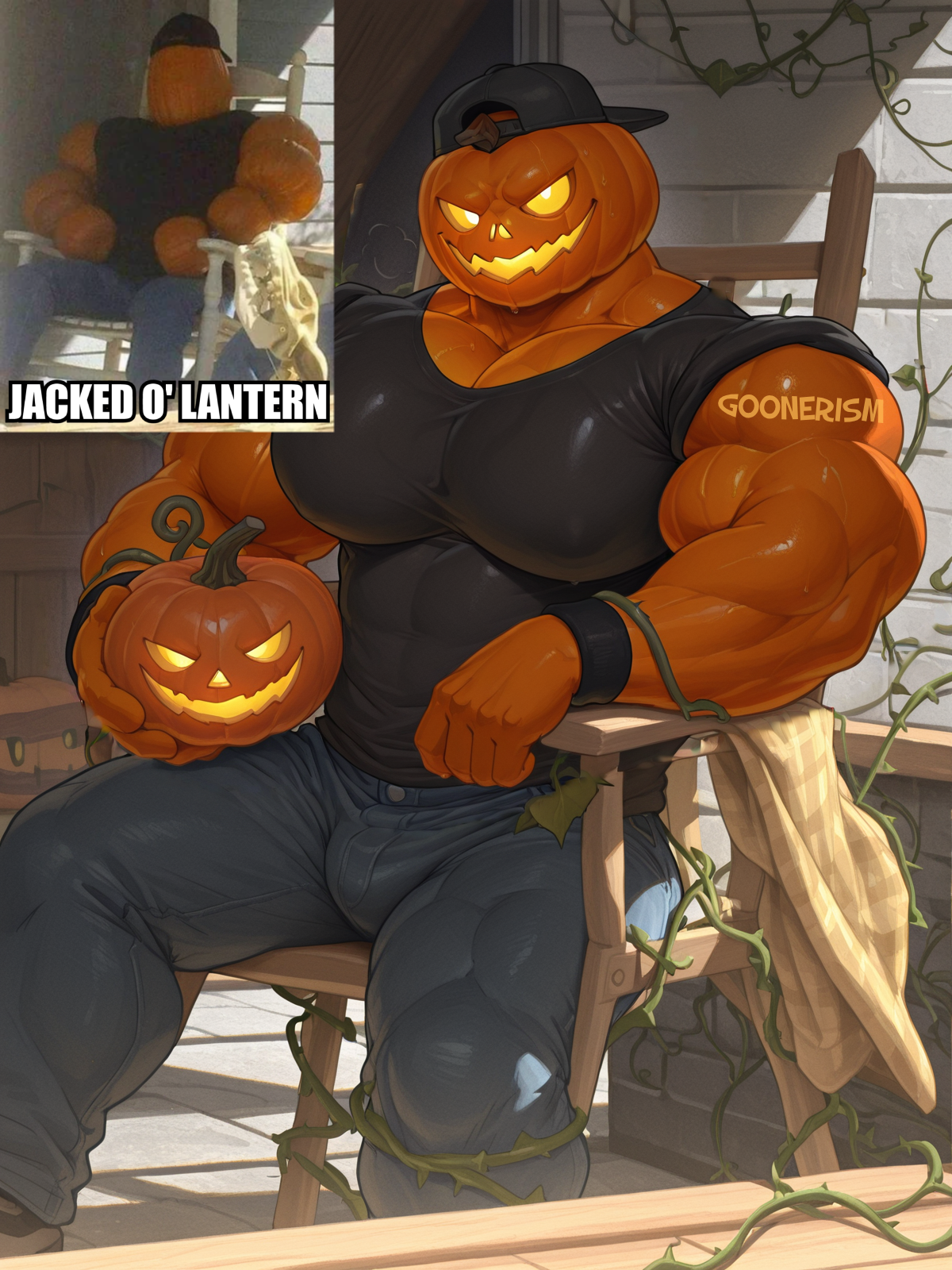 1boy, ai art, ai generated, backwards baseball cap, backwards hat, bara, big muscles, black hat, black shirt, bulge, bulge through clothing, chair, clothing, gay, goonerism, halloween, hat, holding object, huge muscles, jack-o'-lantern, jeans, kinktober, male, meme, muscles, muscular, muscular male, orange skin, outdoors, pants, patreon, pumpkin, pumpkin head, reference image, rolled up sleeves, self upload, shirt, sitting, smiling, solo, t-shirt, tight clothing, veiny muscles, vines, watermark, white eyes, wristband, yaoi, yellow sclera