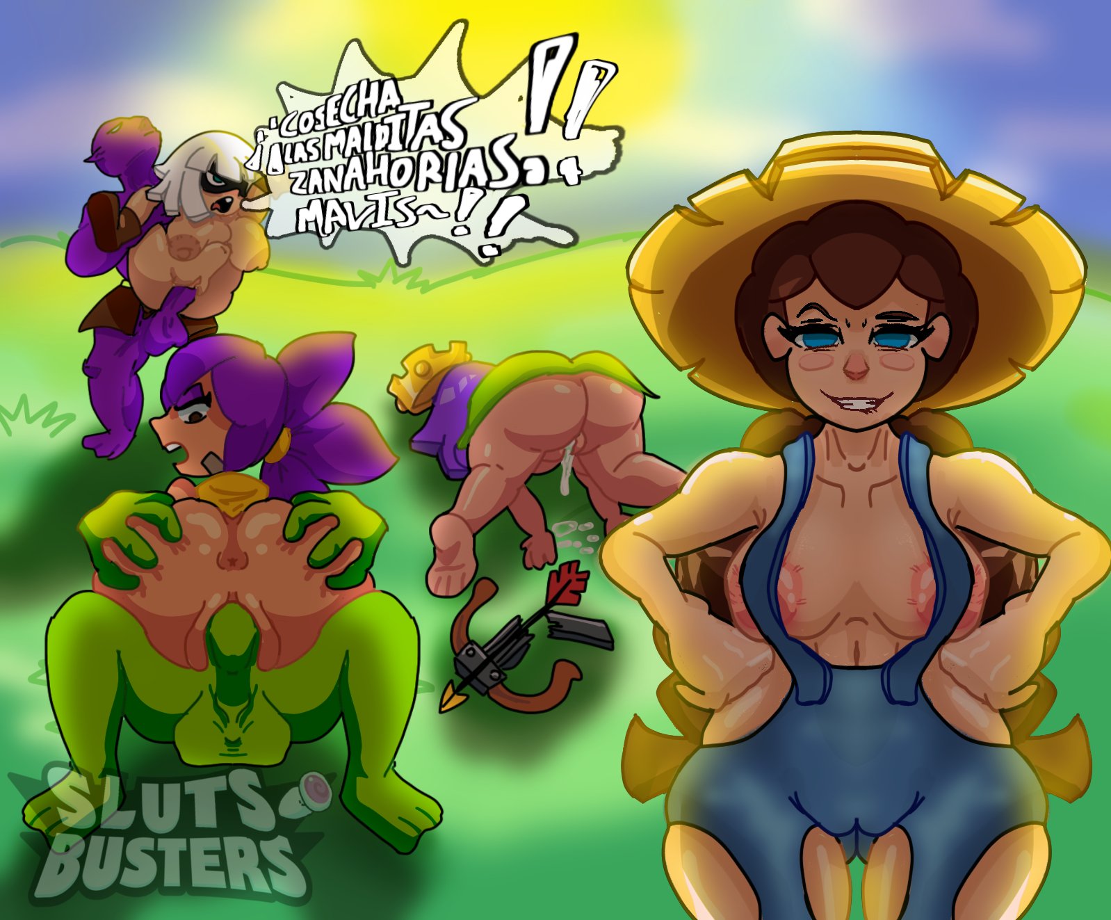 4girls, archer queen (clash of clans), bandit (clash royale), bowler (clash of clans), brawl stars, broken weapon, clash (series), clash of clans, clash royale, cum, cum inside, cumdrip, defeated heroine, female, franzom, hay day, humor, mavis (hay day), monster, raped by monster, sex, shelly (brawl stars), spanish text, squad busters, supercell