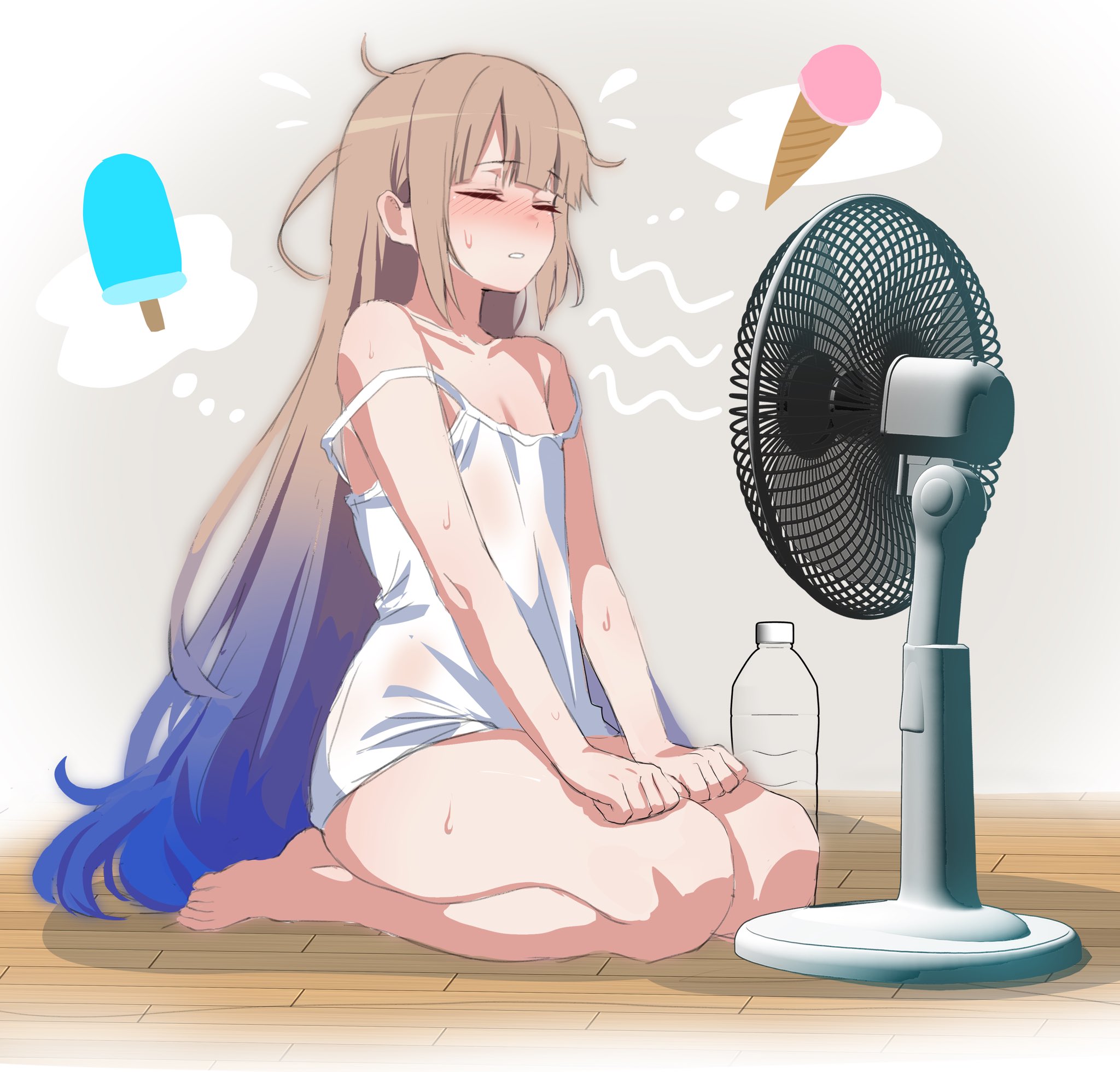 1boy, bare shoulders, barefoot, blue hair, blush, closed eyes, fate (series), fate/grand order, femboy, femboy focus, front view, girly, gradient hair, gray hair, hat, human, kneeling, light skin, light-skinned femboy, light-skinned male, long hair, long-haired male, looking at viewer, male, male focus, male only, multicolored hair, nemo (fate), simple background, solo, sweat, trap, vein, very long hair, zanegoodell