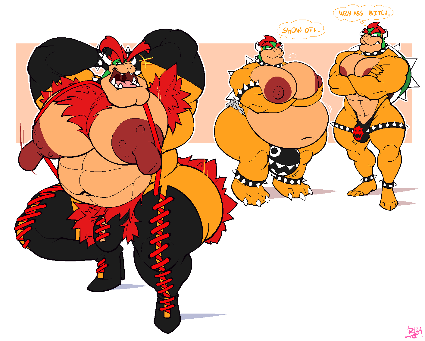 2d, 3boys, anthro, armpit hair, armpits, arms behind head, arms crossed, armwear, belly, big belly, big eyebrows, big moobs, big nipples, black armwear, black legwear, bobthetanuki, bowser, bowser fart gif, bulge, clothing, collar, dialogue, enormous nipples, extrasizedbob, fat, fat belly, fat male, furry, furry male, furry only, gay, gigantic nipples, horns, huge nipples, jealous, koopa, large belly, large nipples, male, male nipples, mario (series), mature, mature anthro, mature male, moobs, muscles, muscular, muscular anthro, muscular male, nintendo, nipples, nipples bulge, obese, obese male, open mouth, overweight, overweight male, pubic hair, red hair, reptile, scalie, simple background, text, thought bubble, ugly, ugly bastard, yellow skin