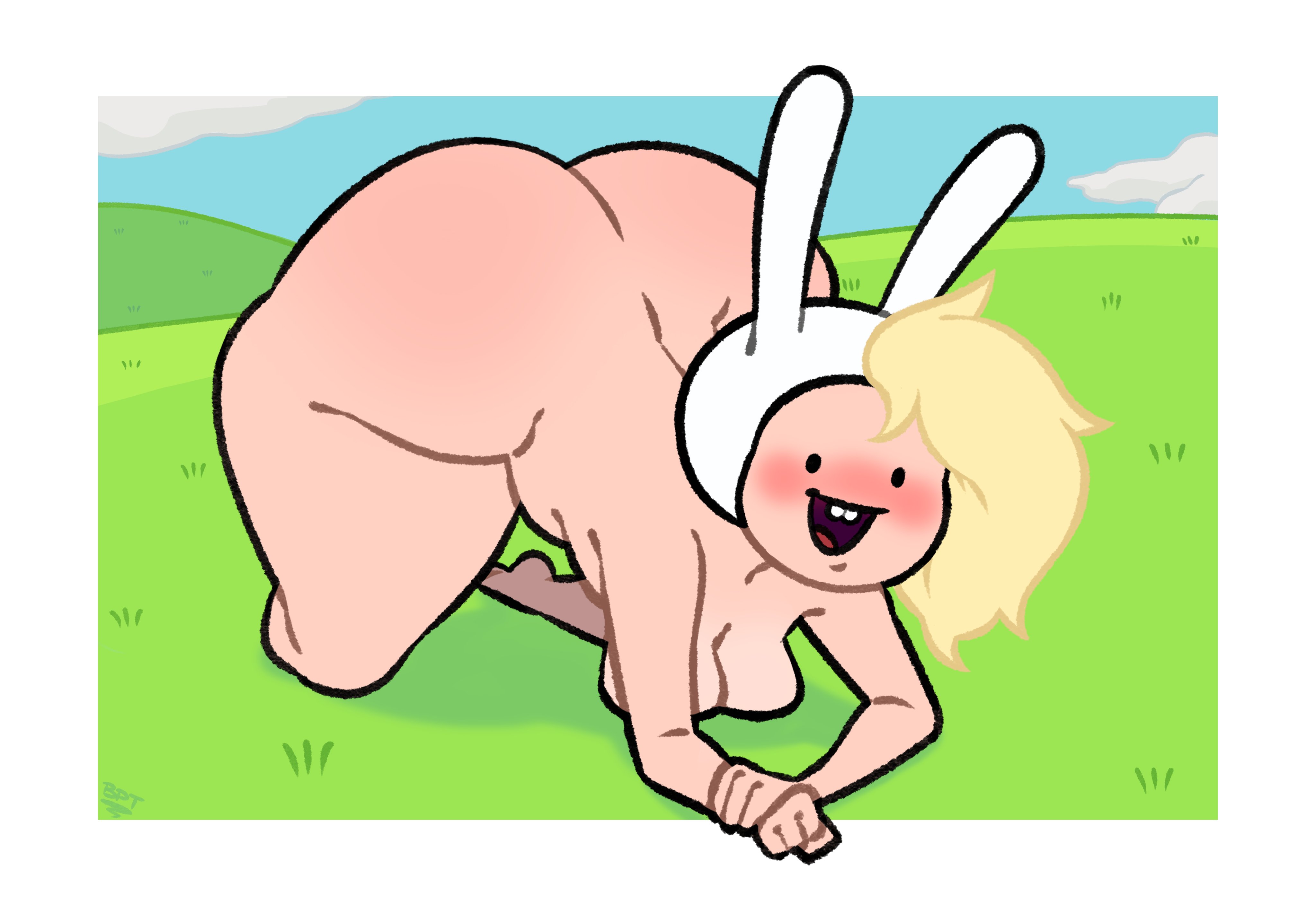 1girls, adventure time, all fours, blonde hair, brush pen ten, cartoon network, completely nude, completely nude female, female, fionna and cake, fionna campbell, fionna the human girl, hat, huge ass, huge butt, light skin, light-skinned female, looking at viewer, thick thighs, wide hips
