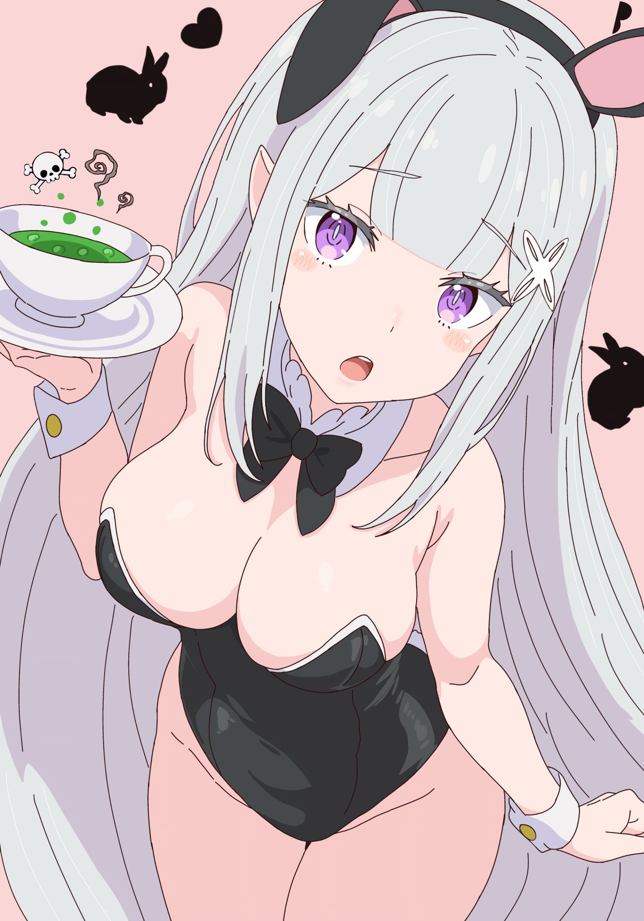 1girls, artist request, breasts, breasts focus, bunny girl, bunnysuit, cleavage, elf, elf ears, elf female, emilia (re:zero), female, large breasts, looking at viewer, purple eyes, re:zero kara hajimeru isekai seikatsu, silver hair, solo, thick thighs