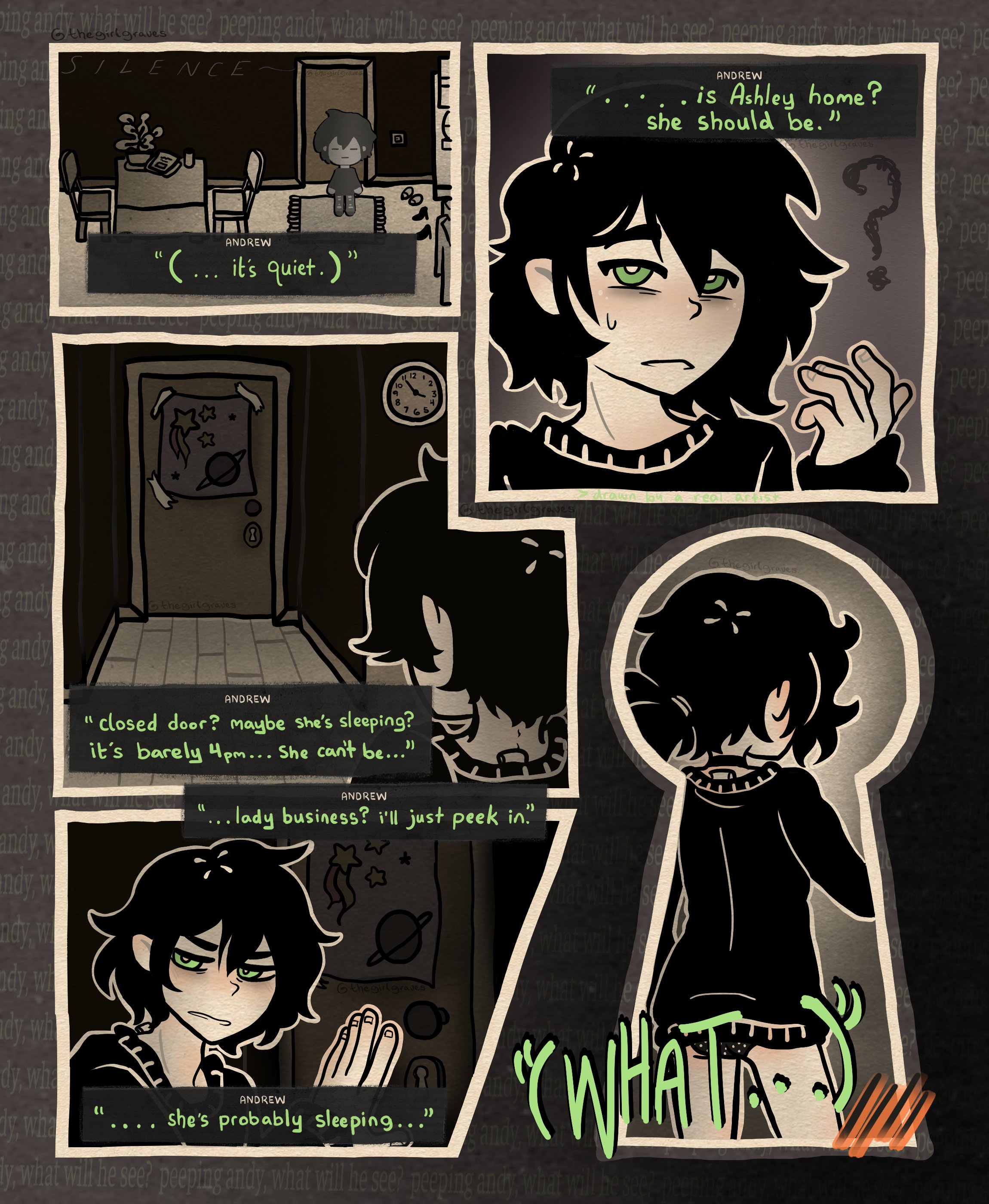 1boy, 1girls, 2d, andrew graves, ashley graves, ass, black hair, blush, brother and sister, comic, dialogue, english text, female, green eyes, incest, male, panties, peeping, ponytail, siblings, spying, straight, the coffin of andy and leyley, thegirlgraves