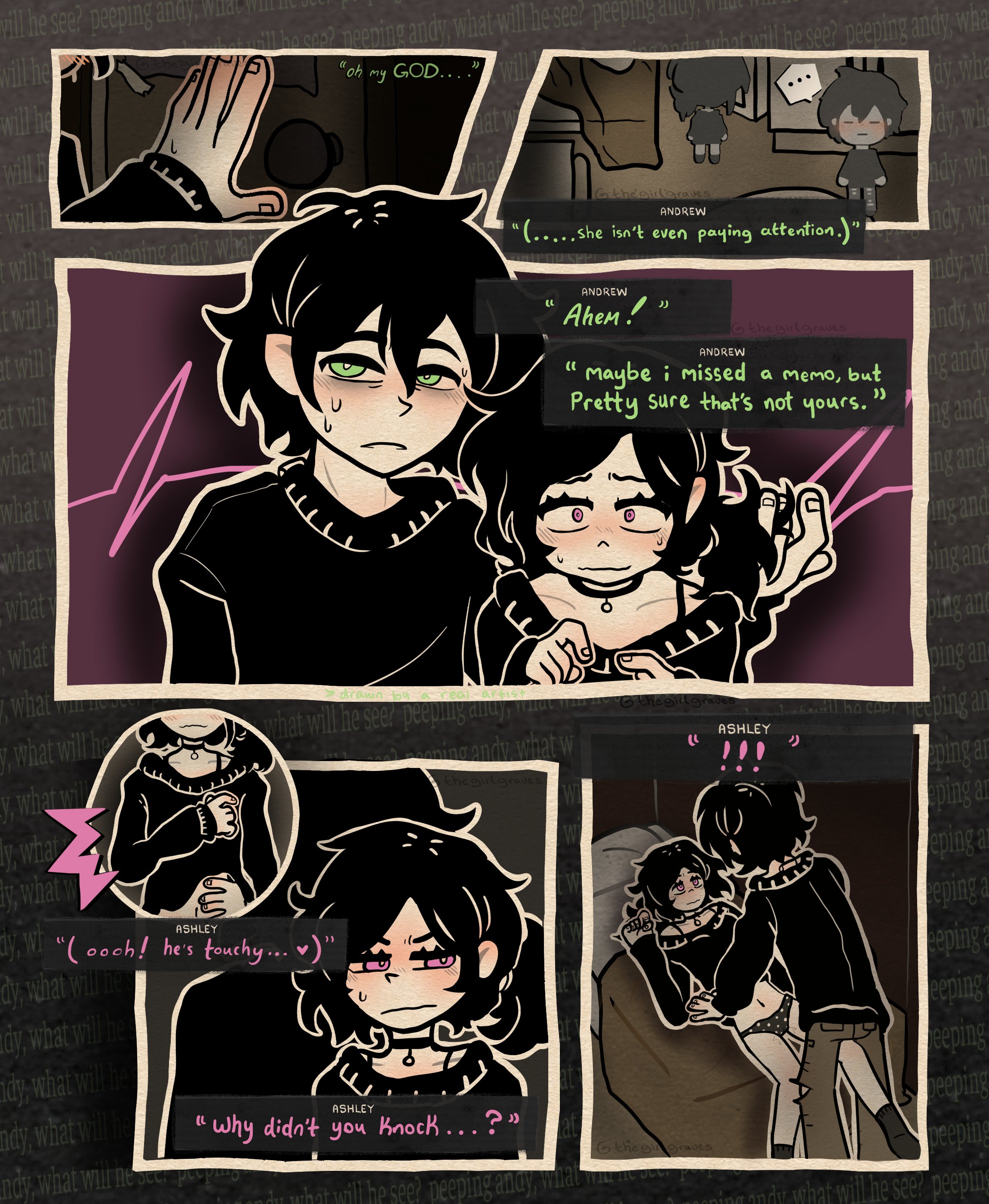 1boy, 1girls, 2d, andrew graves, ashley graves, black hair, blush, brother and sister, caught, comic, dialogue, embarrassed, english text, female, green eyes, groping, incest, lying on back, lying on bed, male, panties, pink eyes, ponytail, siblings, straight, the coffin of andy and leyley, thegirlgraves, touching