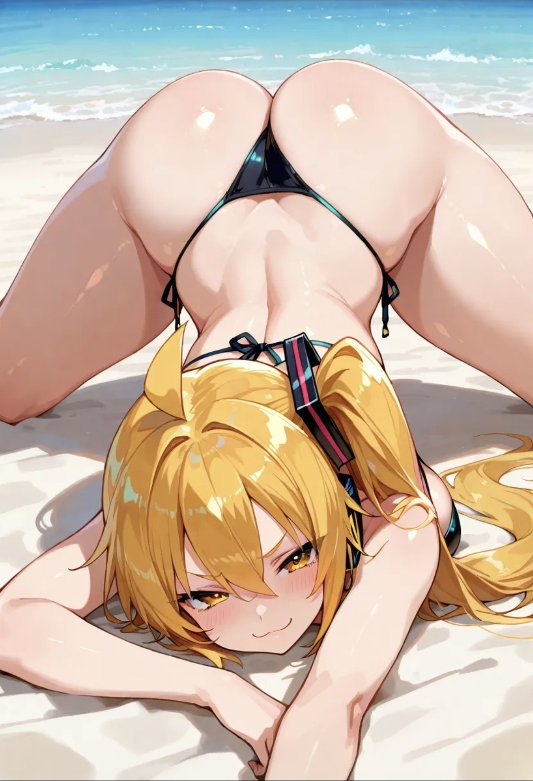ai generated, akita neru, ass up, beach, bikini, breasts, curvy, curvy figure, female, jack-o pose, looking at viewer, medium breasts, shiny skin, smug, solo, sweat, thick thighs, vocaloid, yellow eyes, yellow hair