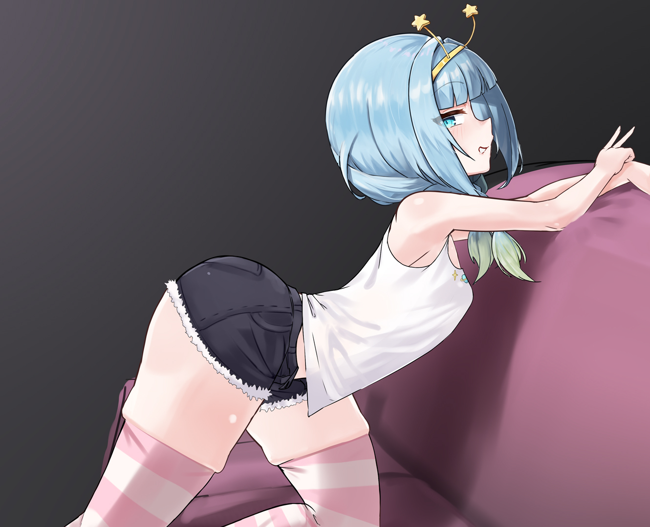 1girls, armpits, ass, blue eyes, blue hair, booty shorts, breasts, fat ass, female, flat chest, heiz illust, jelly hoshiumi, large ass, legs, petite, petite female, phase connect, shorts, skindentation, small breasts, smile, thicc, thicc thighs, thick thighs, thighhighs, thighs, virtual youtuber, vtuber