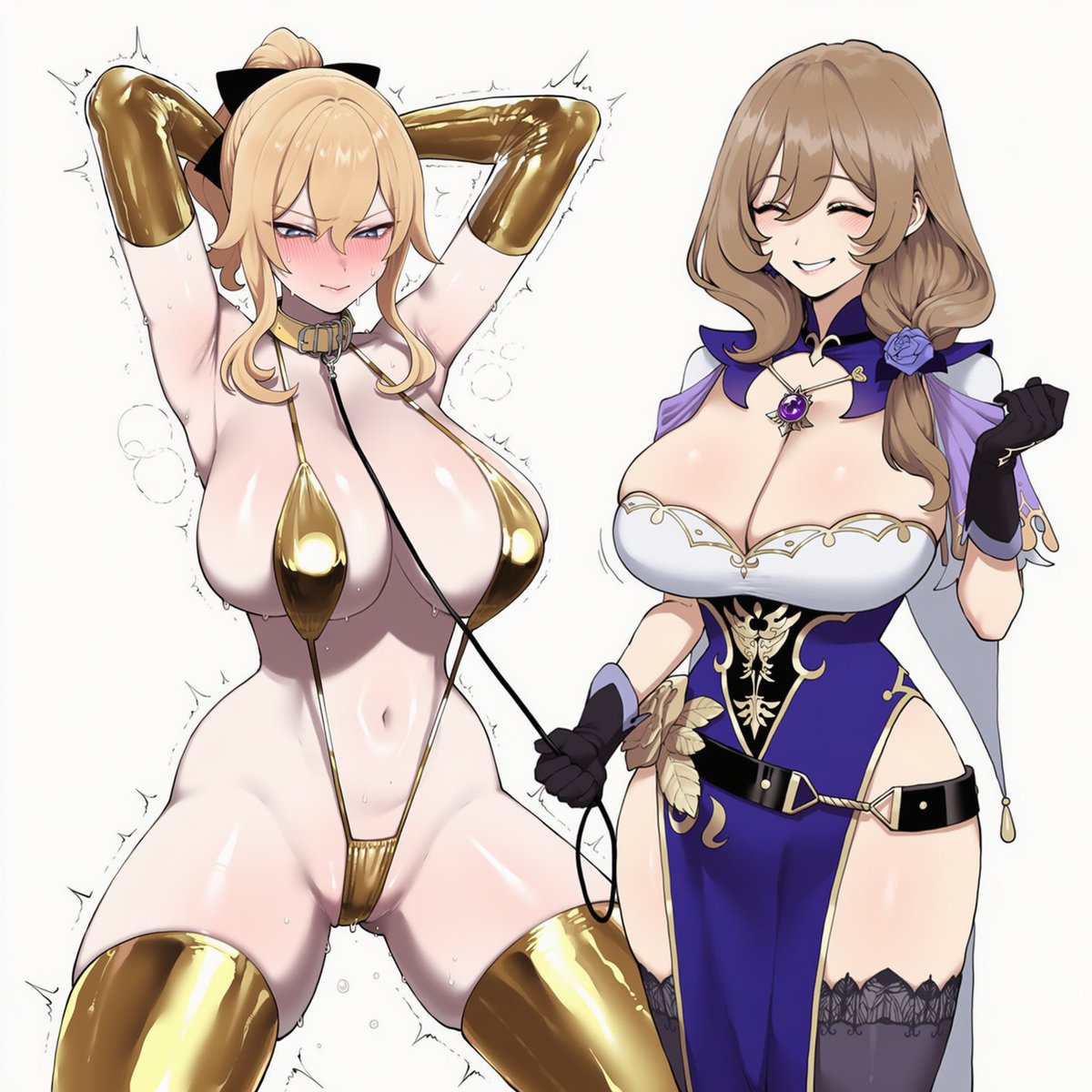 2girls, ai generated, big breasts, blonde hair, blue eyes, bondage, breasts, closed eyes, collar, duo, female, female only, flower in hair, genshin impact, golden bikini, hair ornament, huge breasts, jean gunnhildr, leash, light-skinned female, lisa (genshin impact), multiple females, multiple girls, nervous, purple clothing, smiling at partner, thick thighs, thighhighs, truck kun, wide hips