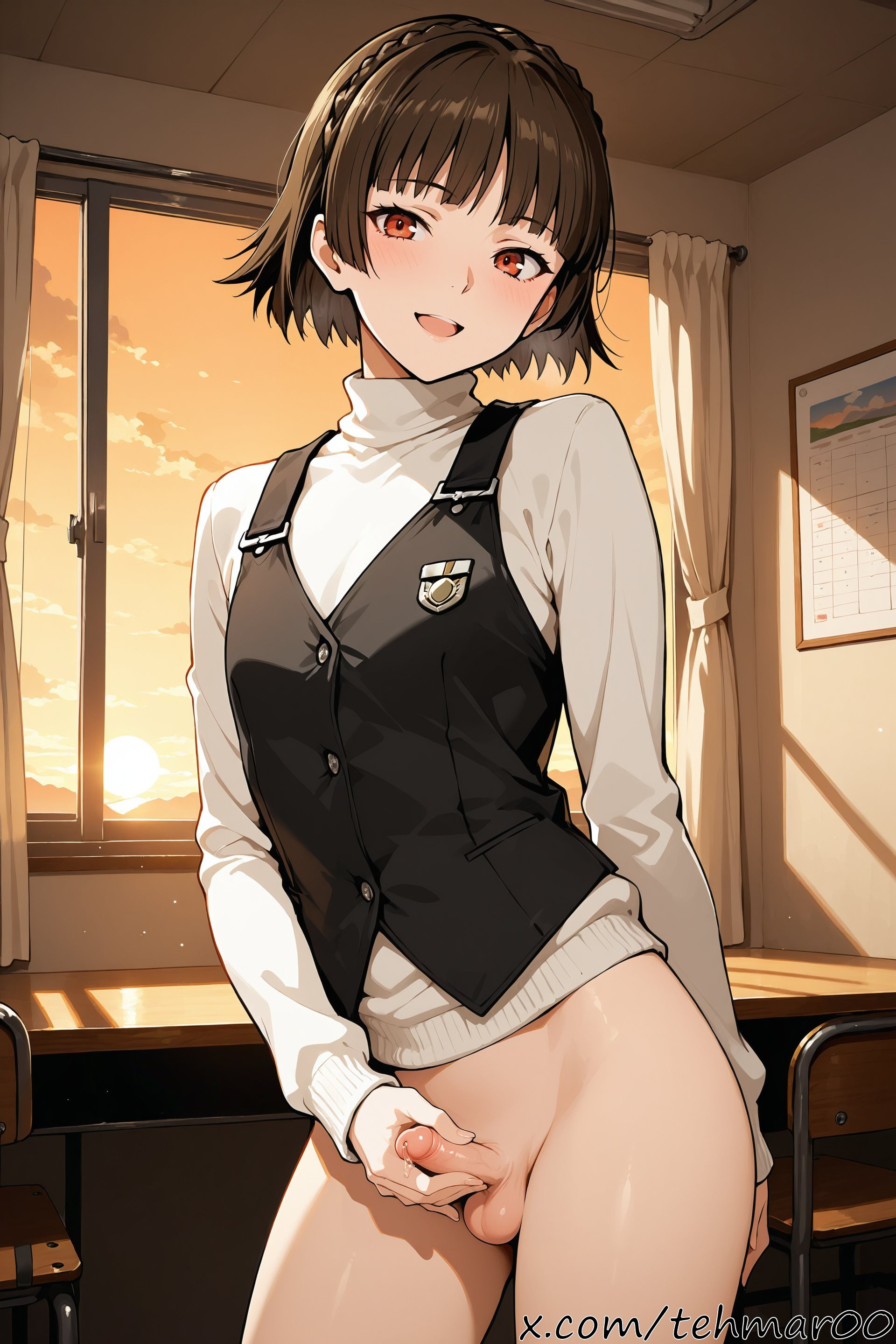 1boy, ai generated, balls, bangs, black vest, blush, bottomless, braid, brown hair, chair, crown braid, curtains, desk, erection, femboy, genderswap (ftm), indoors, long sleeves, looking at viewer, makoto niijima, male, masturbation, open mouth, penis, persona, persona 5, red eyes, rule 63, short hair, smile, solo, sunset, tagme, tehmar, testicles, trans woman, transfem, trap, turtleneck, vest, window