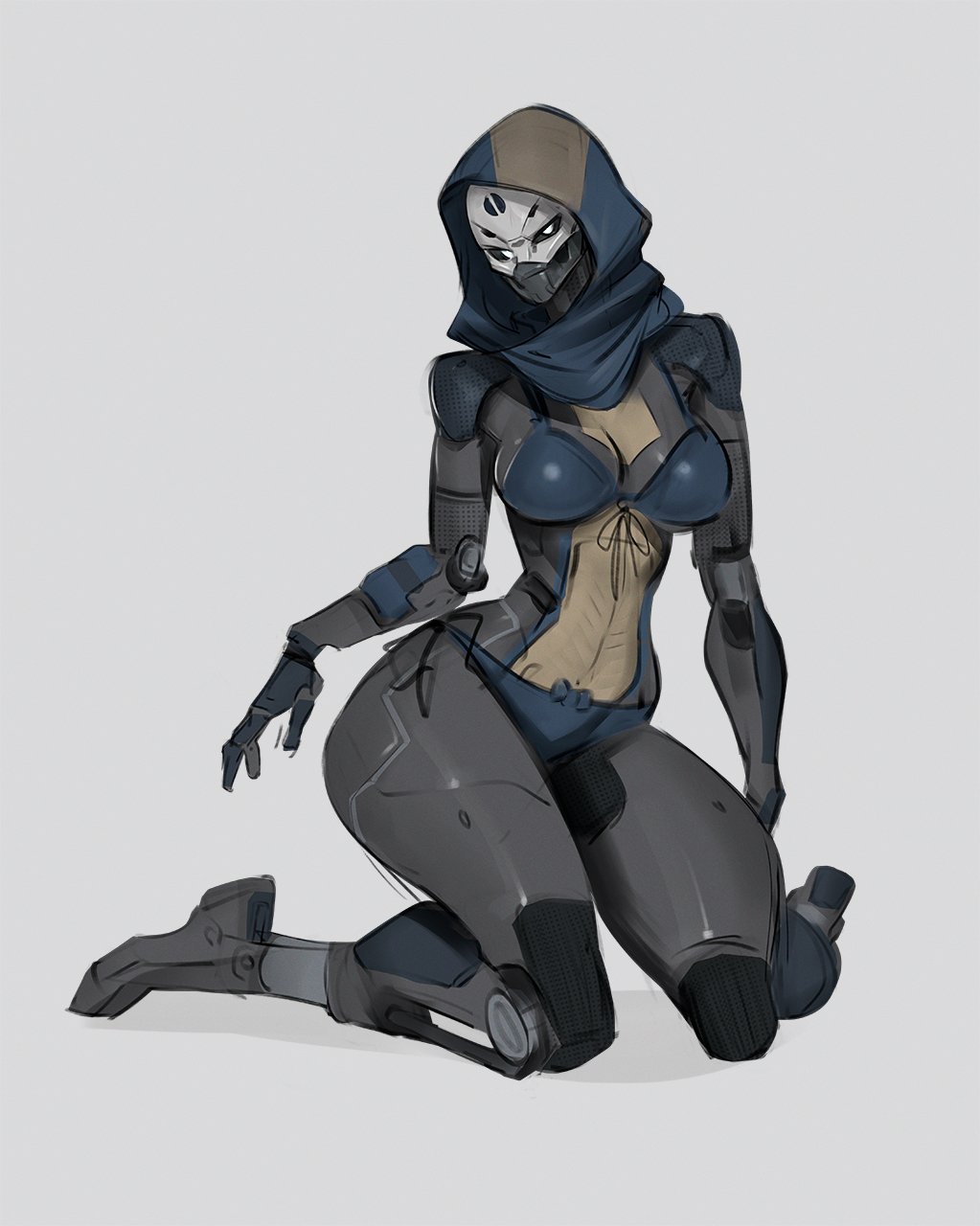 1girls, bikini, bikini bottom, bikini top, destiny (game), exo stranger, female, johnfoxart, plain background, pose, robot, robot girl, solo, solo female, solo focus