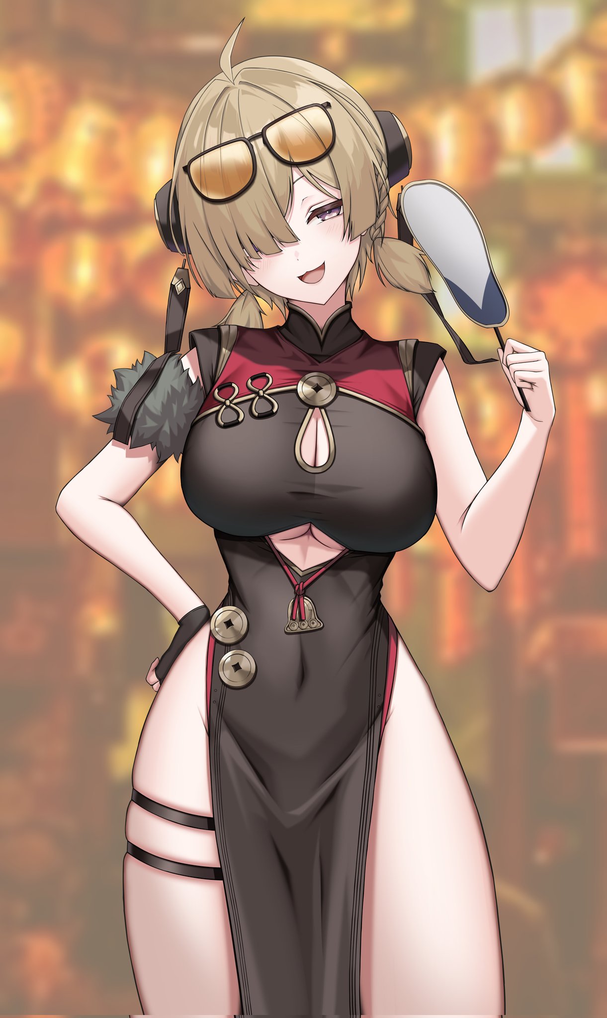 1girls, background, big breasts, breasts, chinese clothes, clothed, clothing, detailed background, female, female focus, female only, highres, kushinaka, large breasts, light brown hair, light skin, light-skinned female, looking at viewer, npc (zenless zone zero), purple eyes, sfw, skindentation, standing, sweety (zenless zone zero), thick thighs, zenless zone zero
