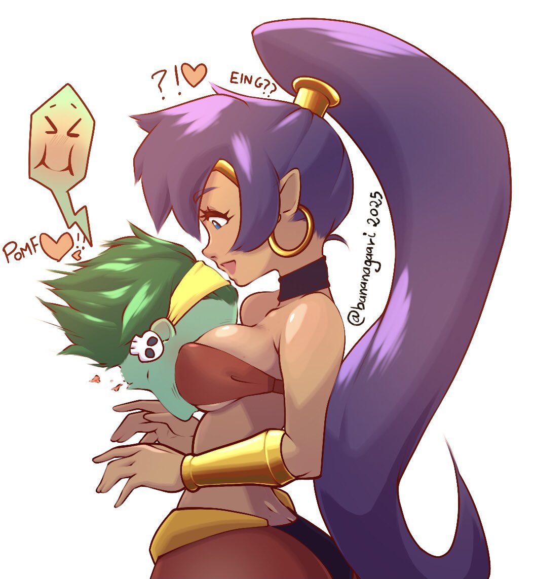 2girls, bananagaari, breasts, decapitated head, detachable head, female, female only, genie, head between breasts, multiple girls, rottytops, shantae, shantae (character), smothering, wayforward, yuri, zombie girl