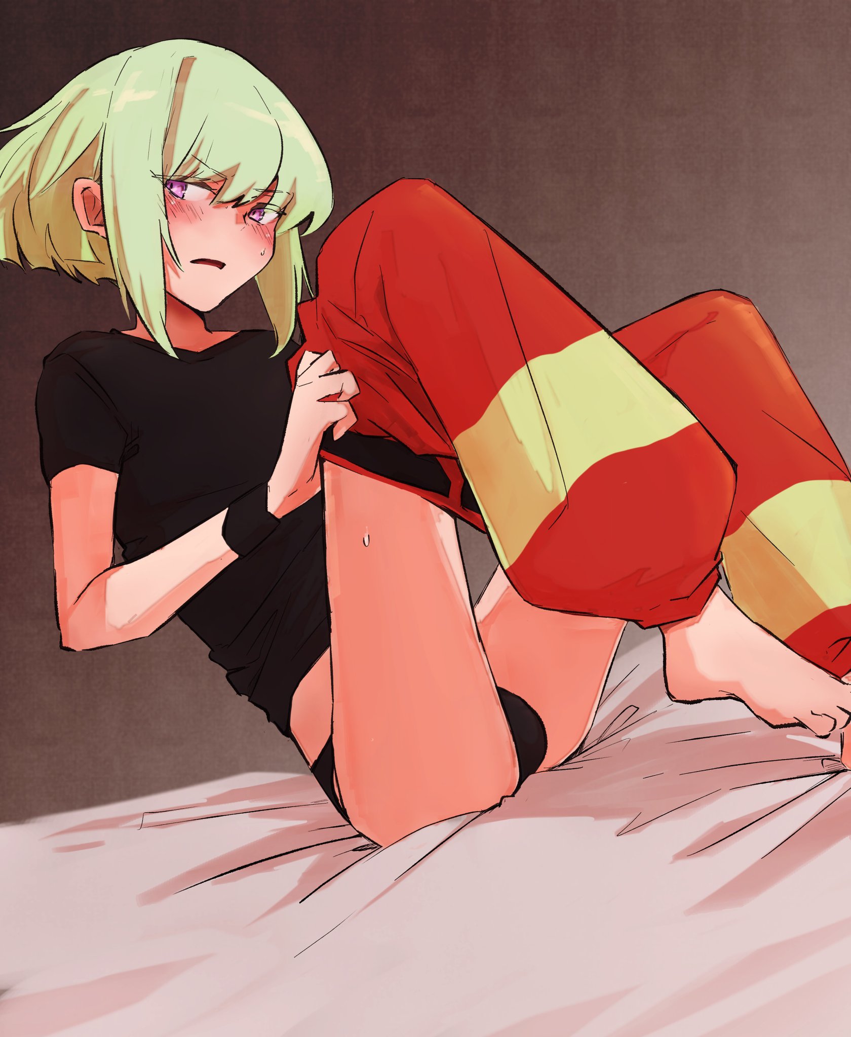 1boy, androgynous, aus vaka, blonde hair, bob cut, bulge, clothed, clothing, embarrassed, femboy, femboy only, lio fotia, male, on bed, petite, petite body, petite male, promare, short hair, solo, twink, undressing