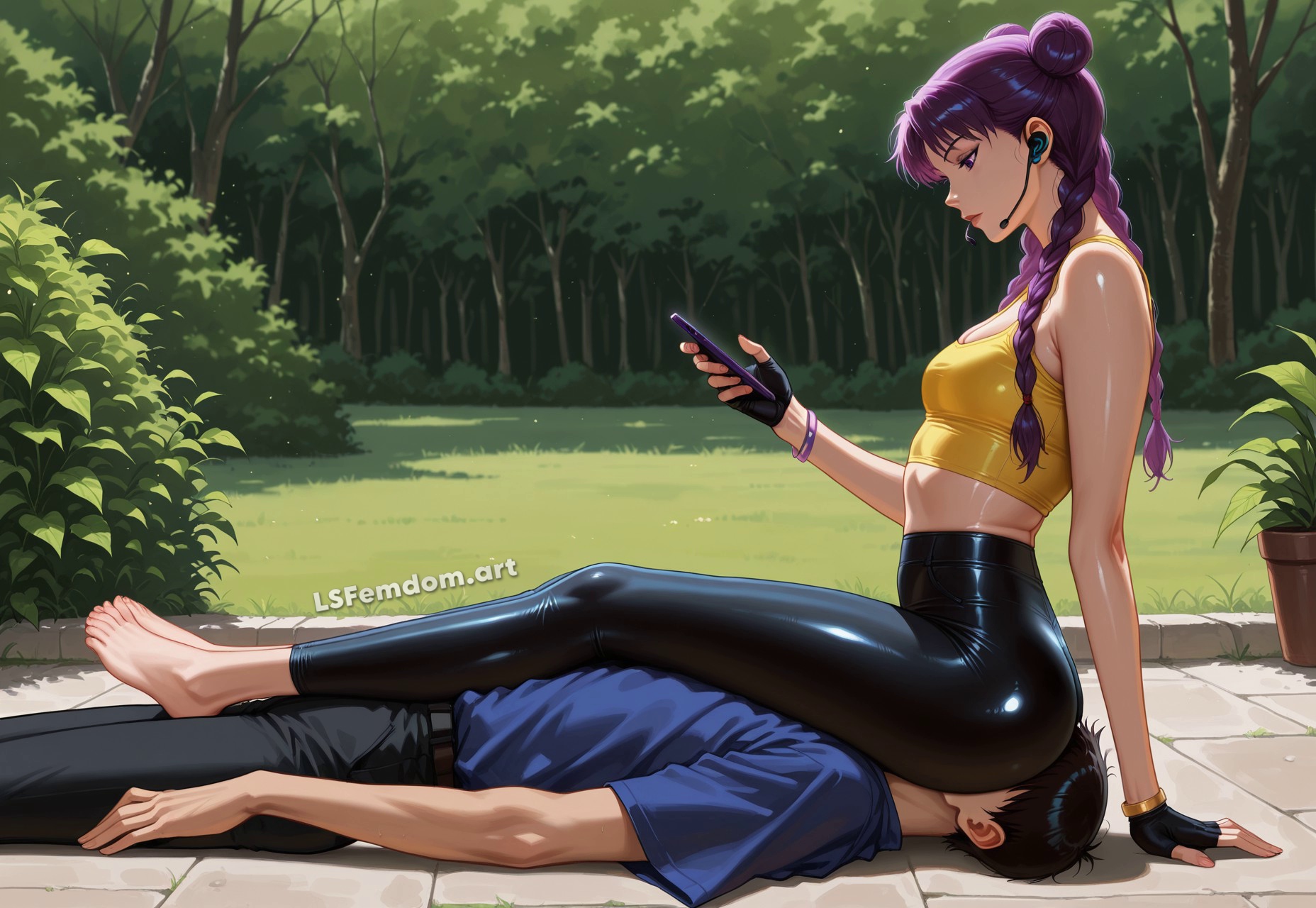 ai generated, ass on face, ass smother, ass smothering, barefoot, bracelet, crop top, dehumanization, dominant female, dominatrix, double bun, face sitting, face-sitting, facesitting, female, femdom, fetish, fingerless gloves, forniphilia, headphones, human chair, human furniture, ignoring, kai'sa, league of legends, leggings, lsfemdomart, male, midriff, objectification, outdoors, purple hair, riot games, sitting on face, sitting on person, slave, submissive male, twin braids, yellow shirt, yoga pants