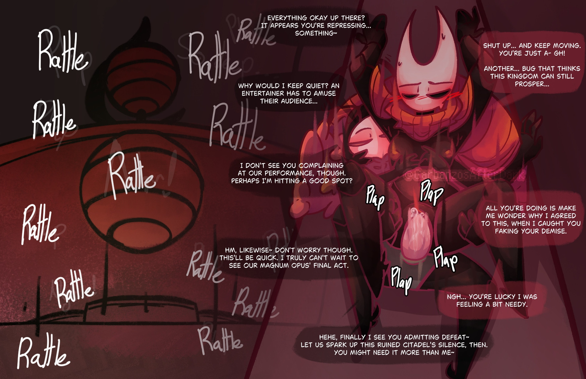 1boy, 1girls, 2025, black body, blush, bodily fluids, cloak, closed eyes, dialogue, female, garbanzosafterdark, hi res, hollow knight, hollow knight: silksong, hornet (hollow knight), horns, interspecies, loud sex, male, male/female, masked, masked female, red clothing, reverse cowgirl position, sex, silksong, trobbio (hollow knight)