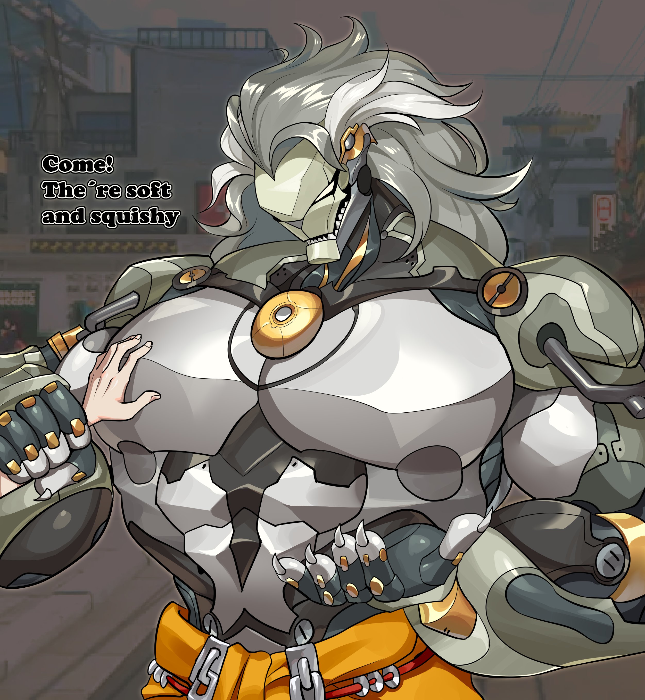 anthro, anthro male, banyue (zenless zone zero), bara, bara tiddies, bara tits, breasts, english, english dialogue, english language, english text, flanco, gay, male, male only, muscular, muscular anthro, muscular male, robot, robot boy, robot furry, touching breast, touching pecs, upper body, upper body focus, upper body only, upper body visible, yaoi, zenless zone zero