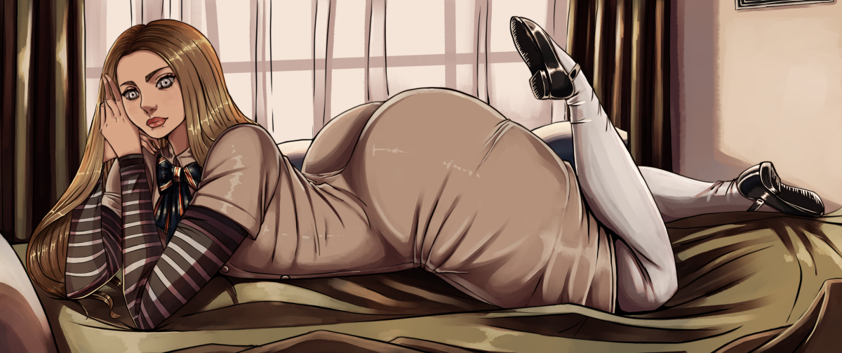 1girls, ass, ass focus, blonde hair, bow, dress, female, female only, fully clothed, grey eyes, johntazukura, large ass, lying, lying down, lying on bed, lying on stomach, m3gan, m3gan (film), pinup, robot, robot girl, shoes, stockings
