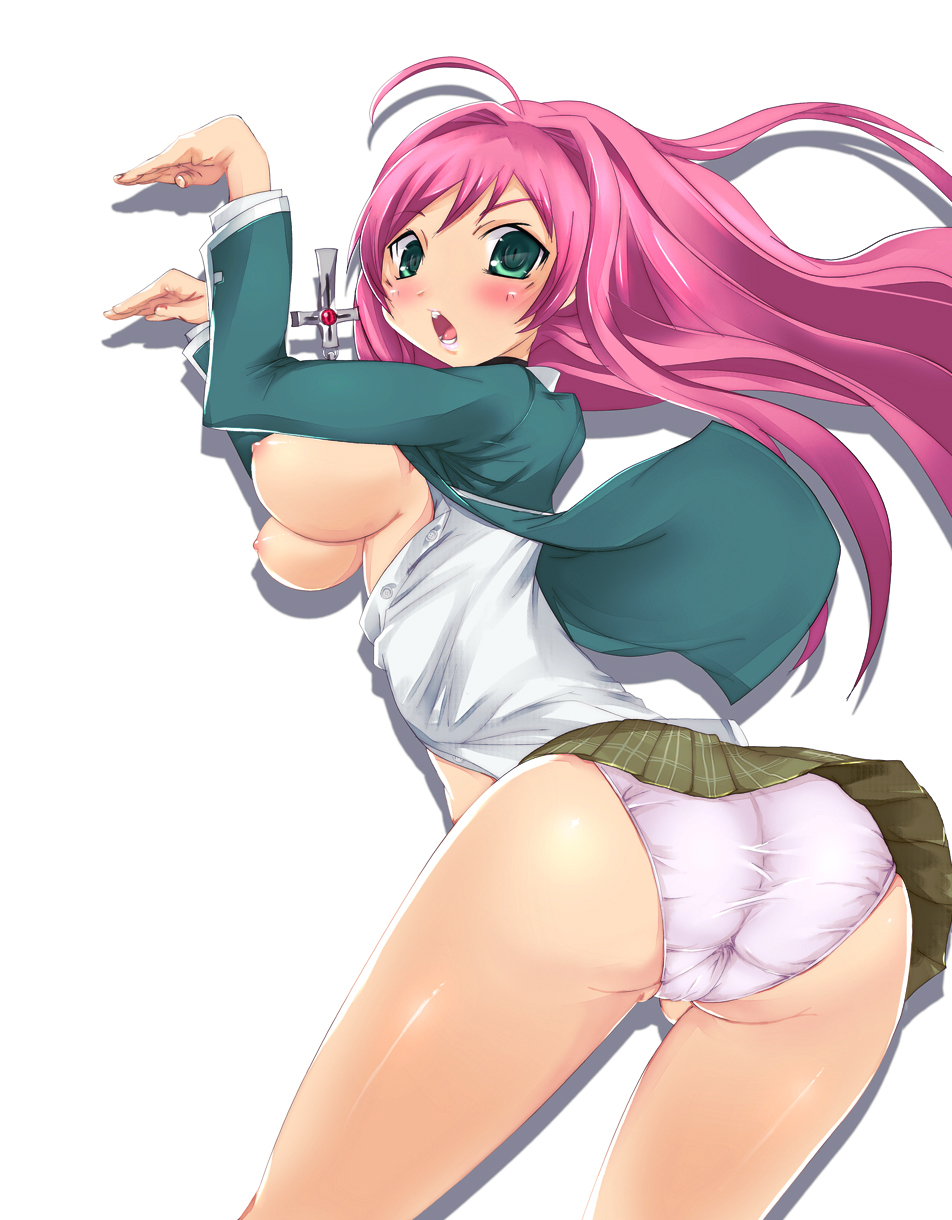 akashiya_moka ass bb bent_over blush breasts dumb_pose green_eyes highres huge_breasts imazon large_breasts nipples open_clothes open_shirt panties pantyshot pink_hair rosario+vampire rosario_(object) shirt skirt underwear