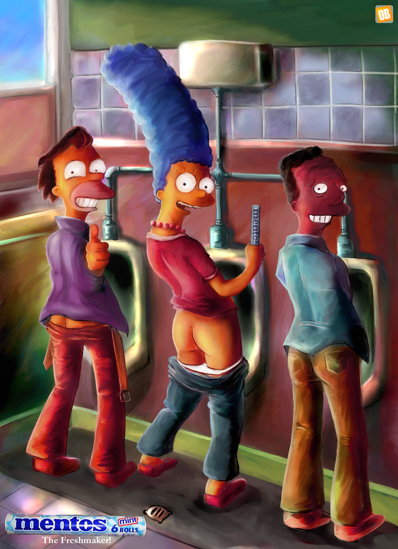 blue_hair carl_carlson female human lenny_leonard male marge_simpson orange_box tagme the_simpsons urinal