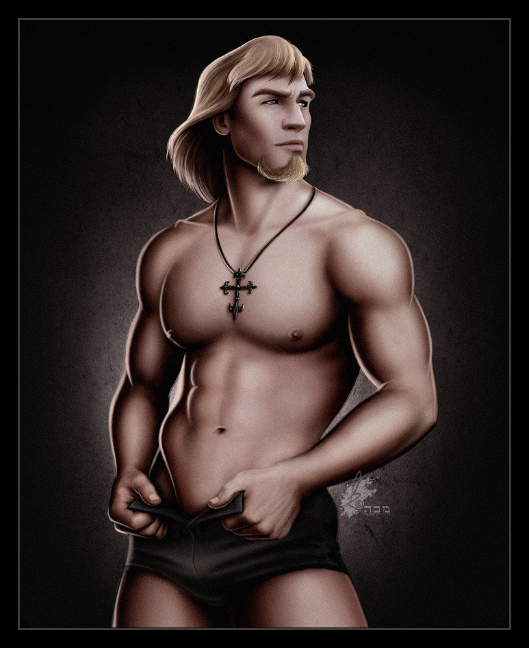 1boy abs beard bigger_version_at_the_source black_underwear blonde blonde_hair blue_eyes brown_background bulge caucasian caucasian_male closed_mouth clothes color cross cross_necklace disney facial_hair front_view goatee hair human kawena looking_away male male_focus male_only muscles muscular muscular_male navel necklace nipples open_eyes pecs pectorals phoebus pose posing short_hair shorts skimpy_clothes solo standing tan_skin the_hunchback_of_notre_dame thick_eyebrows topless uncensored underwear underwear_only undressing