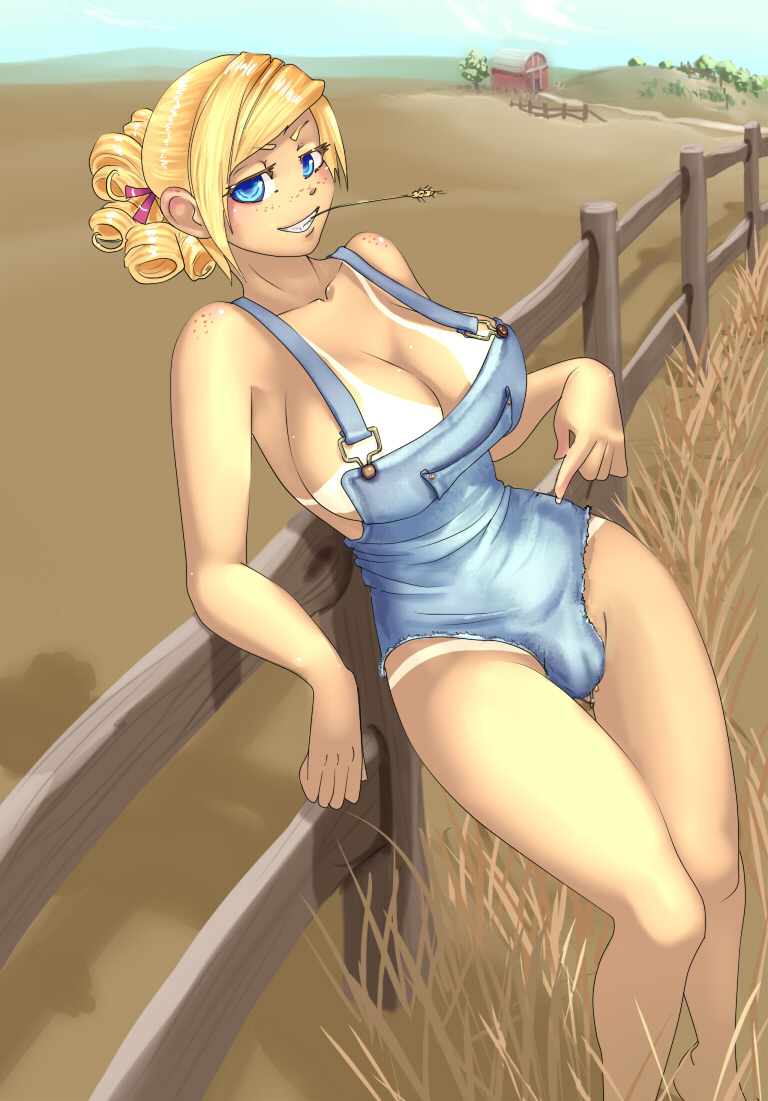 1girls bare_shoulders bimbo blonde_hair blue_eyes breasts busty cameltoe character_request cleavage copyright_request curly_hair farm farmer farmgirl freckles hair large_breasts leaning majalis naked_overalls no_bra overalls pointing ribbon sideboob smile solo tanline voluptuous wheat