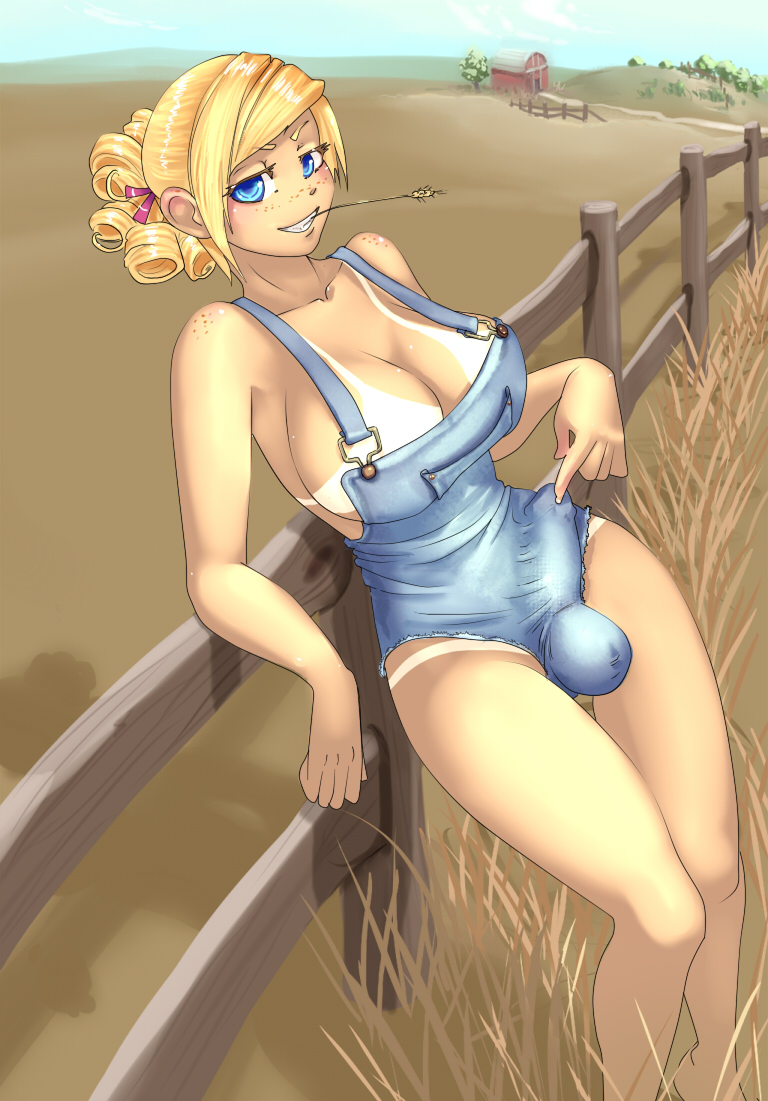 1futa balls bare_shoulders bimbo blonde_hair blue_eyes breasts bulge cameltail cleavage curly_hair curvy erection erection_under_clothes eyelashes farm farmer farmgirl freckles futa_only futanari hair half-closed_eyes huge_breasts human intersex large_penis leaning looking_at_viewer majalis moose_knuckle naked_overalls no_bra outdoors overalls penis penis_under_clothes pointing ribbon sideboob smile solo solo_futa standing tanline wheat