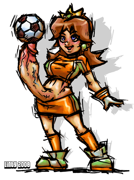 1futa big_penis blue_eyes blush brown_hair crown earrings futa_only futanari gloves human intersex large_penis linty mario_(series) mario_strikers midriff nintendo open_mouth penis princess_daisy shoes short_shirt shorts shoulder_length_hair soccer_ball soccer_shoes soccer_uniform socks solo straight_hair tan_skin