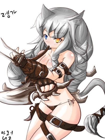 beige_skin claw clothes color female female_only fur furry_ears grey_hair hair heterochromia knife league_of_legends long_hair looking_at_viewer mahoy open_eyes pointy_ears rengar rule_63 skimpy_clothes solo underhand_grip white_background