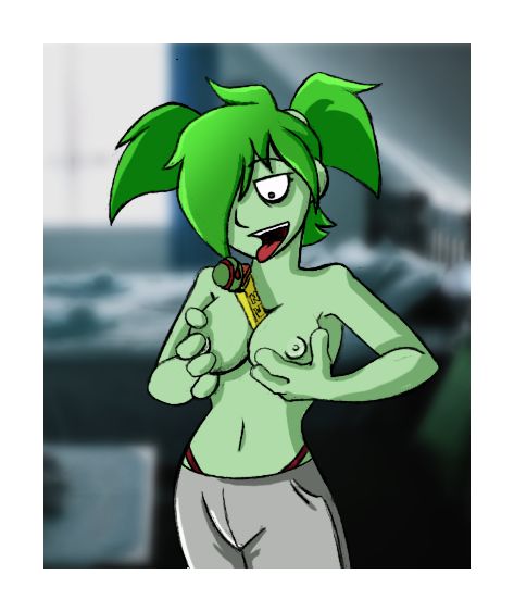 ctrl+alt+del depth_of_field green_hair green_skin hair_over_one_eye holding_breasts looking_down object_between_breasts pez pez_dispenser player_4 short_twintails tagme tongue_out topless webcomic