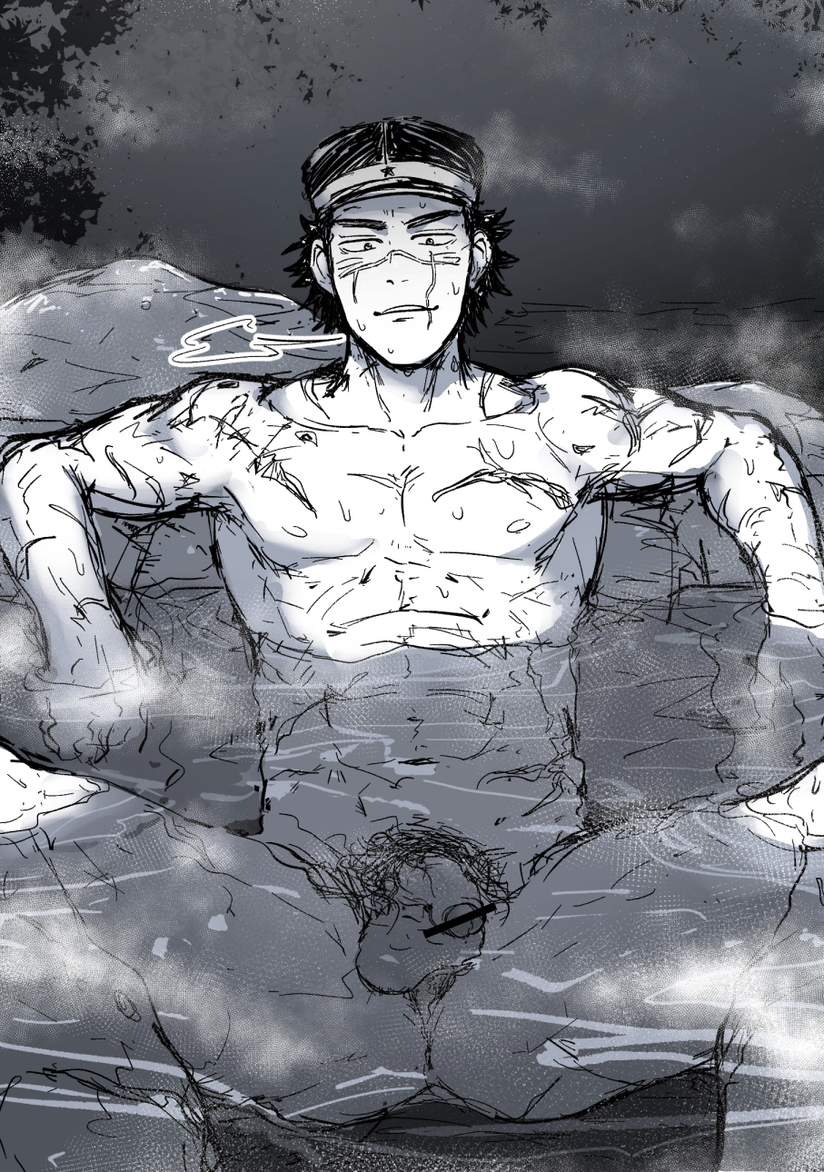 1boy abs bar_censor censored golden_kamuy hat kemukemuke looking_at_viewer lying male male_only muscular nude penis scar solo solo_male sugimoto_saichi testicles water