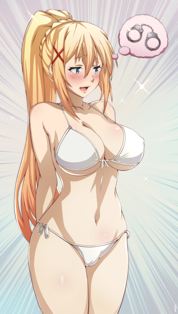 1girls big_breasts blonde_hair blue_eyes blush bondage_request bra cameltoe darkness_(konosuba) ellizeh erect_nipples erect_nipples_under_clothes female horny horny_female implied_bondage kono_subarashii_sekai_ni_shukufuku_wo! large_breasts long_hair masochist nipples nipples_visible_through_clothing pale-skinned_female pale_skin panties pervert ponytail pussy pussy_visible_through_clothes smile standing thick_thighs thighs x_hair_ornament