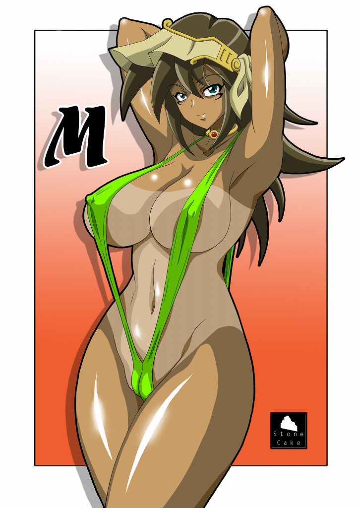 artist_logo artist_name breasts curvy dark-skinned_female dark_skin female large_breasts looking_at_viewer mana_(yu-gi-oh!) nipples smile solo stonecake swimsuit tan yu-gi-oh! yu-gi-oh!_duel_monsters