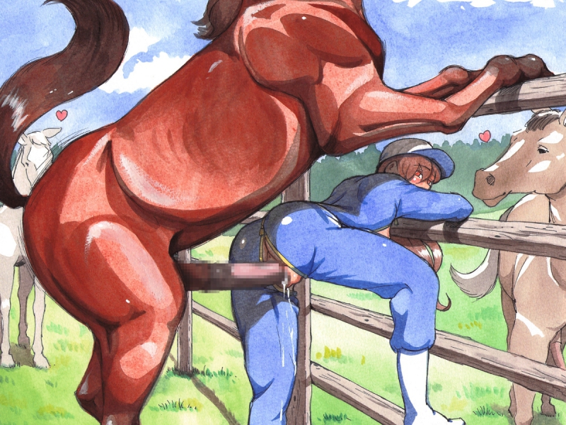against fence, bent over, boots, brown hair, censored, doggy style, female, female human/male feral, fence, grass, heart, horse, interspecies, jumpsuit, long hair, mizuiro megane, mosaic censoring, original, outdoors, pussy, red eyes, sex, tagme, unzipped, vaginal penetration, zoophilia