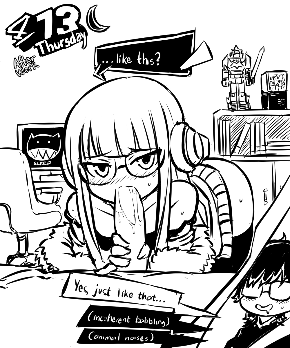 1boy, 1girls, akira kurusu, artist request, atlus, background, blush, clothing, computer, desktop, dialogue, electronics, english text, eyewear, fellatio, female, glasses, headphones, human, joker (persona), long hair, male, megami tensei, monochrome, open clothes, oral, pale skin, partially clothed, persona, persona 5, ren amamiya, sakura futaba, shin megami tensei, stockings, straight, tagme, text, uncensored